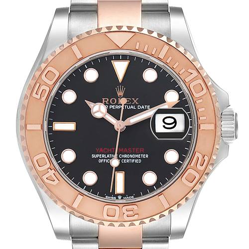 The Rolex Yacht-Master 126621 Men's Steel and Gold (two tone) Black Dial watch is shown from the front, highlighting its black dial, rose gold bezel, and date window.