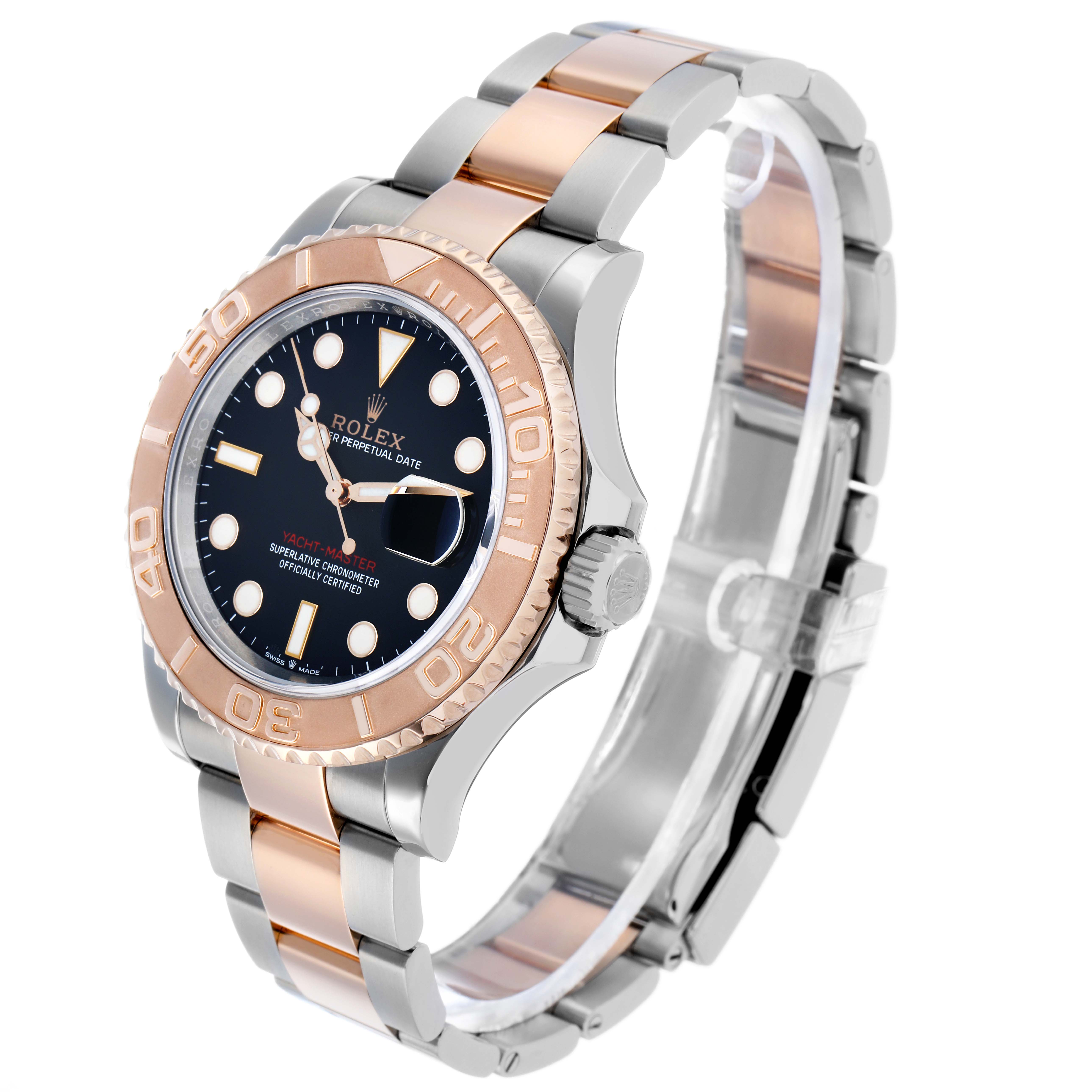 The Rolex Yacht-Master 126621 Men's Steel and Gold (two tone) Black Dial watch is shown at a slight angle, highlighting the bezel, dial, and two-tone bracelet.