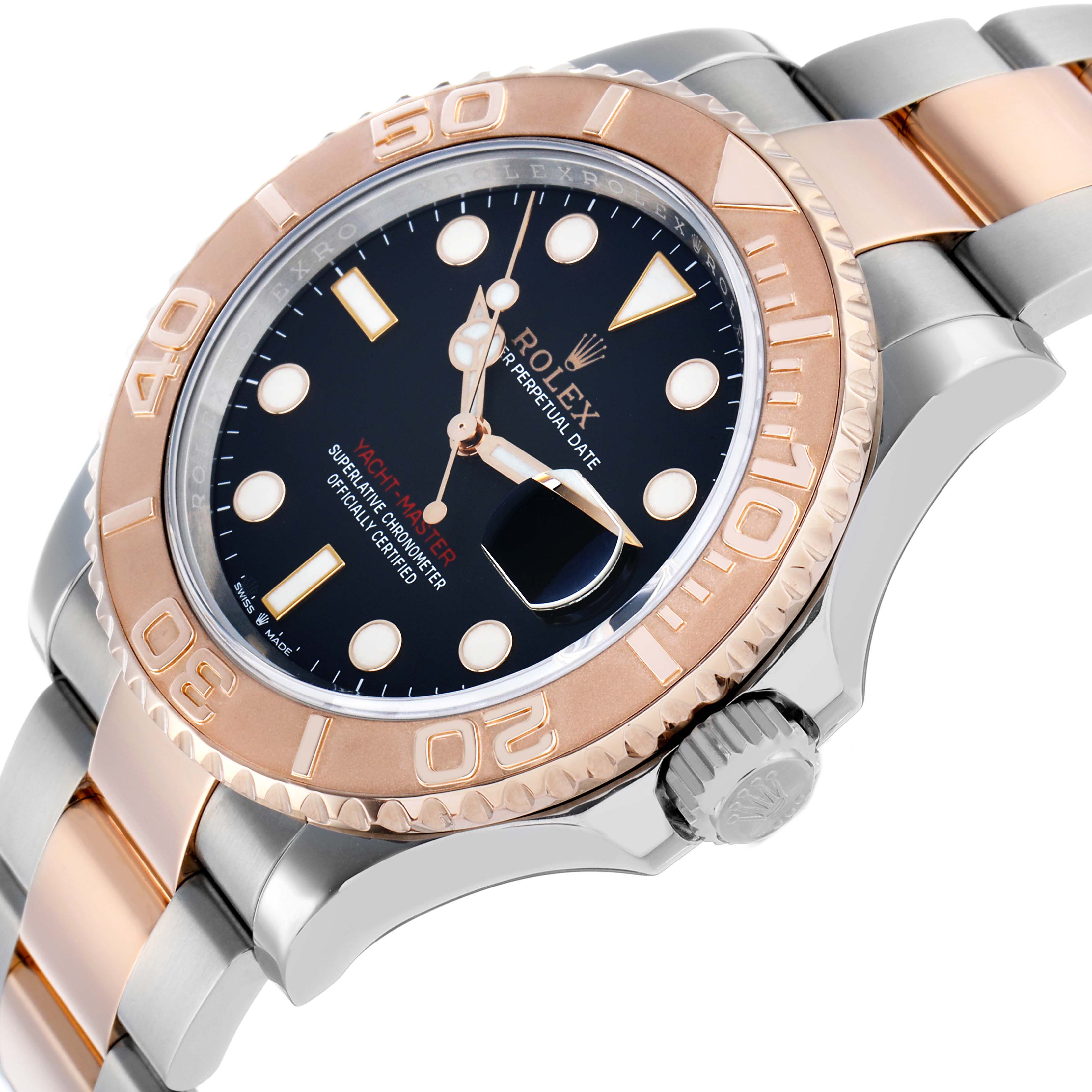 The image shows a Rolex Yacht-Master 126621 Men's Steel and Gold (two tone) Black Dial watch at an angled side view, highlighting the bezel, dial, crown, and bracelet.