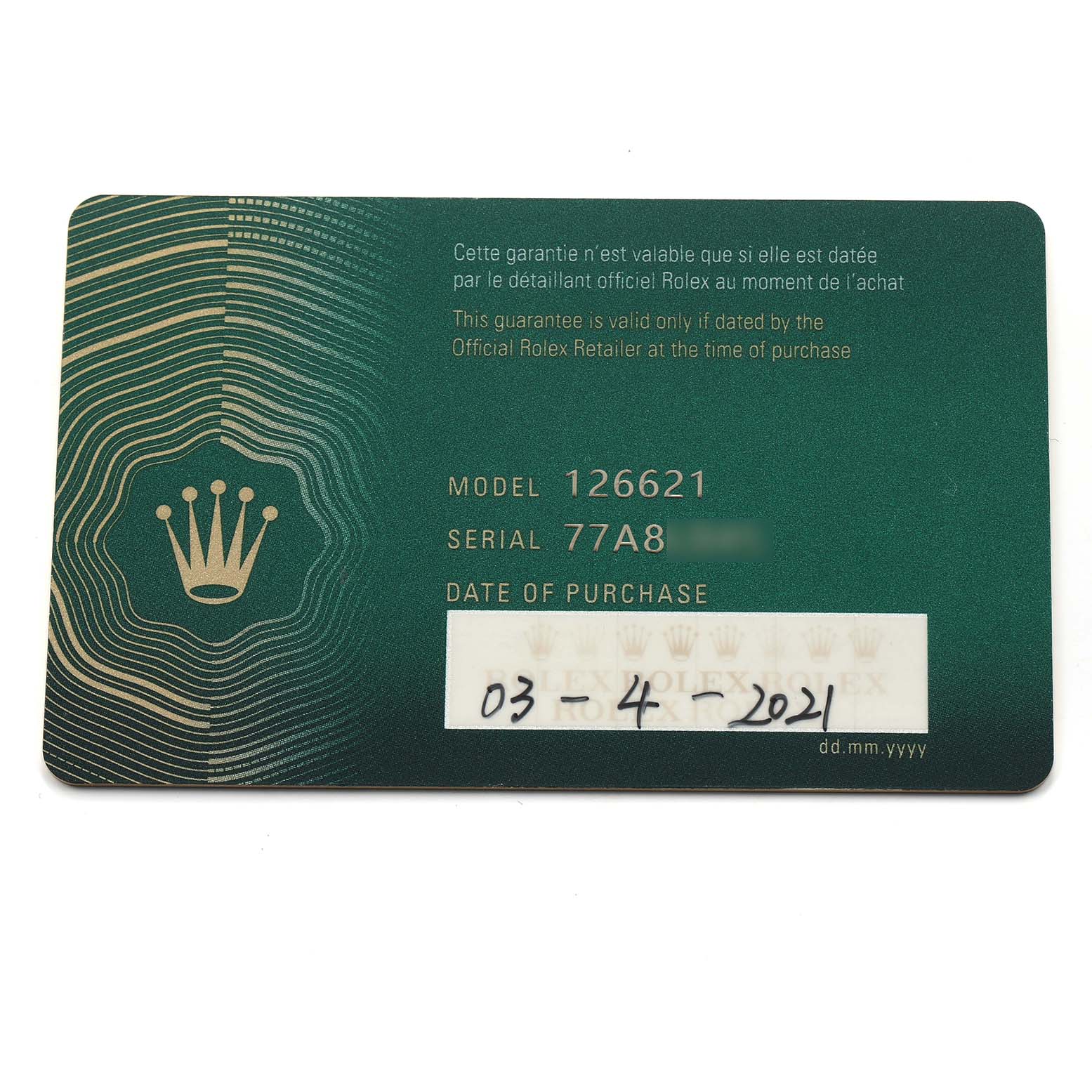 The image shows a warranty card for the Rolex Yacht-Master 126621 Men's Steel and Gold (two tone) Black Dial model, displaying model, serial number, and purchase date.