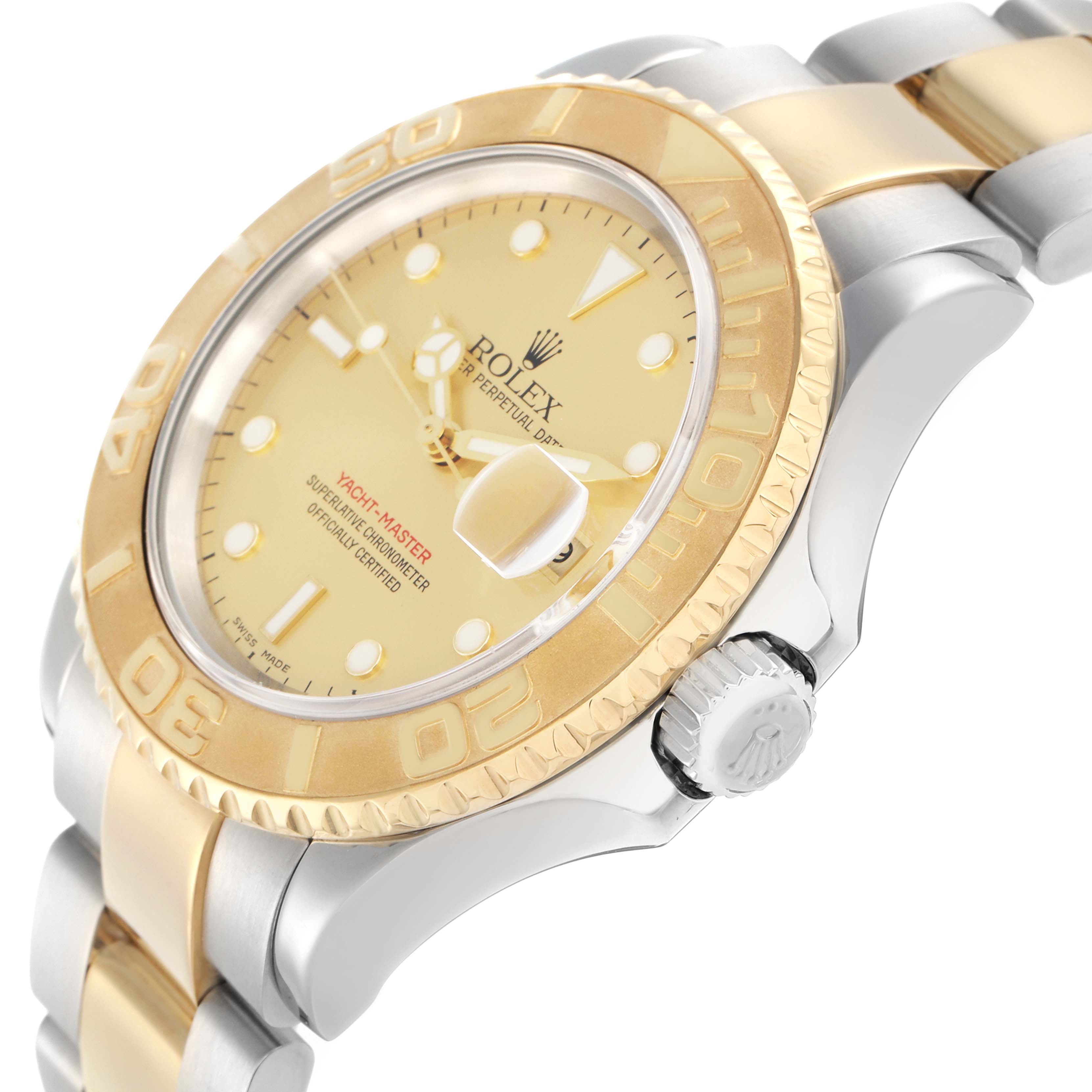 The Rolex Yacht-Master 16623 Men
s Steel and Gold (two tone) Champagne Dial watch is shown at a side angle, displaying its bezel, crown, and bracelet prominently.