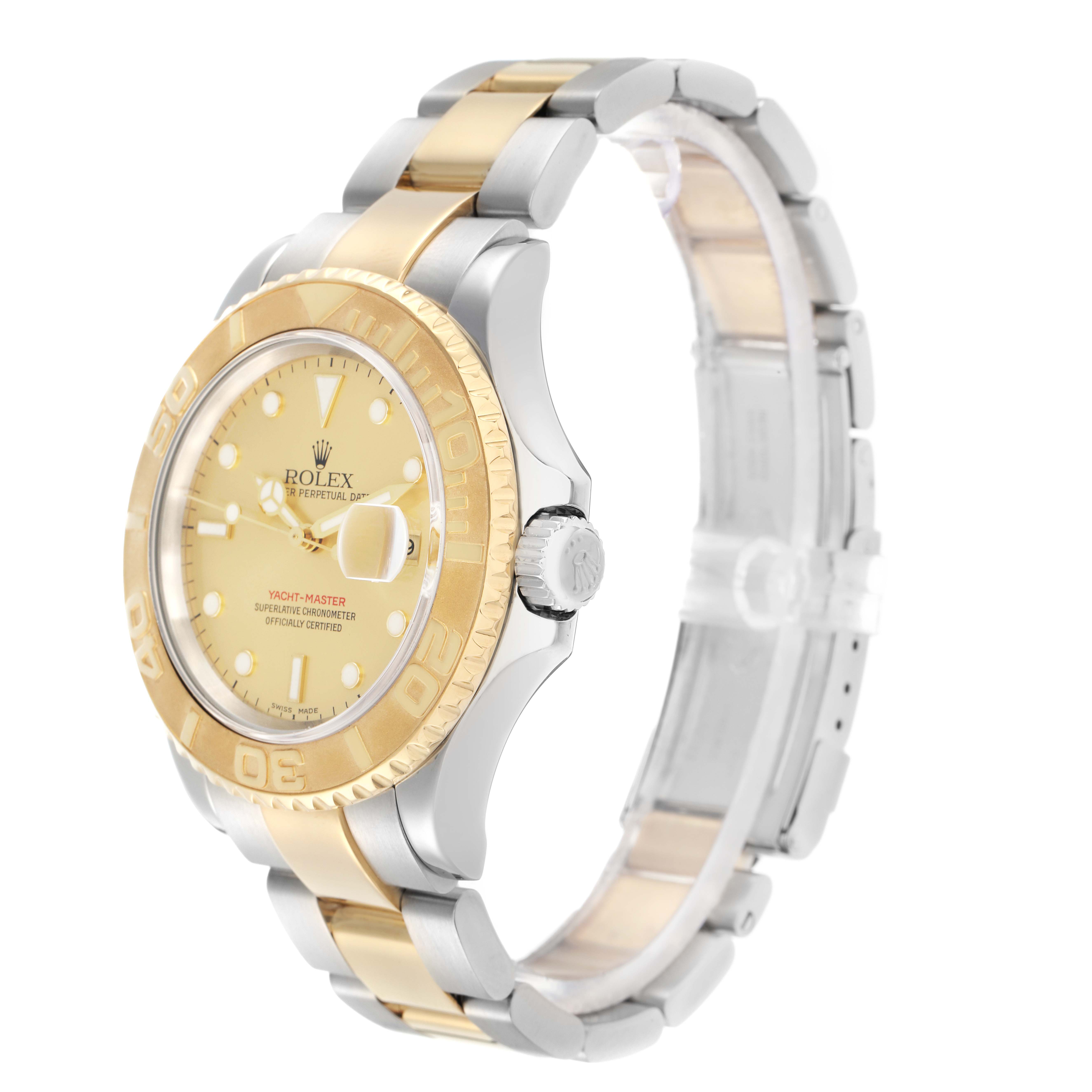 The Rolex Yacht-Master 16623 Men
s Steel and Gold (two tone) Champagne Dial watch is shown at a three-quarter angle, highlighting its gold bezel, dial, and two-tone bracelet.