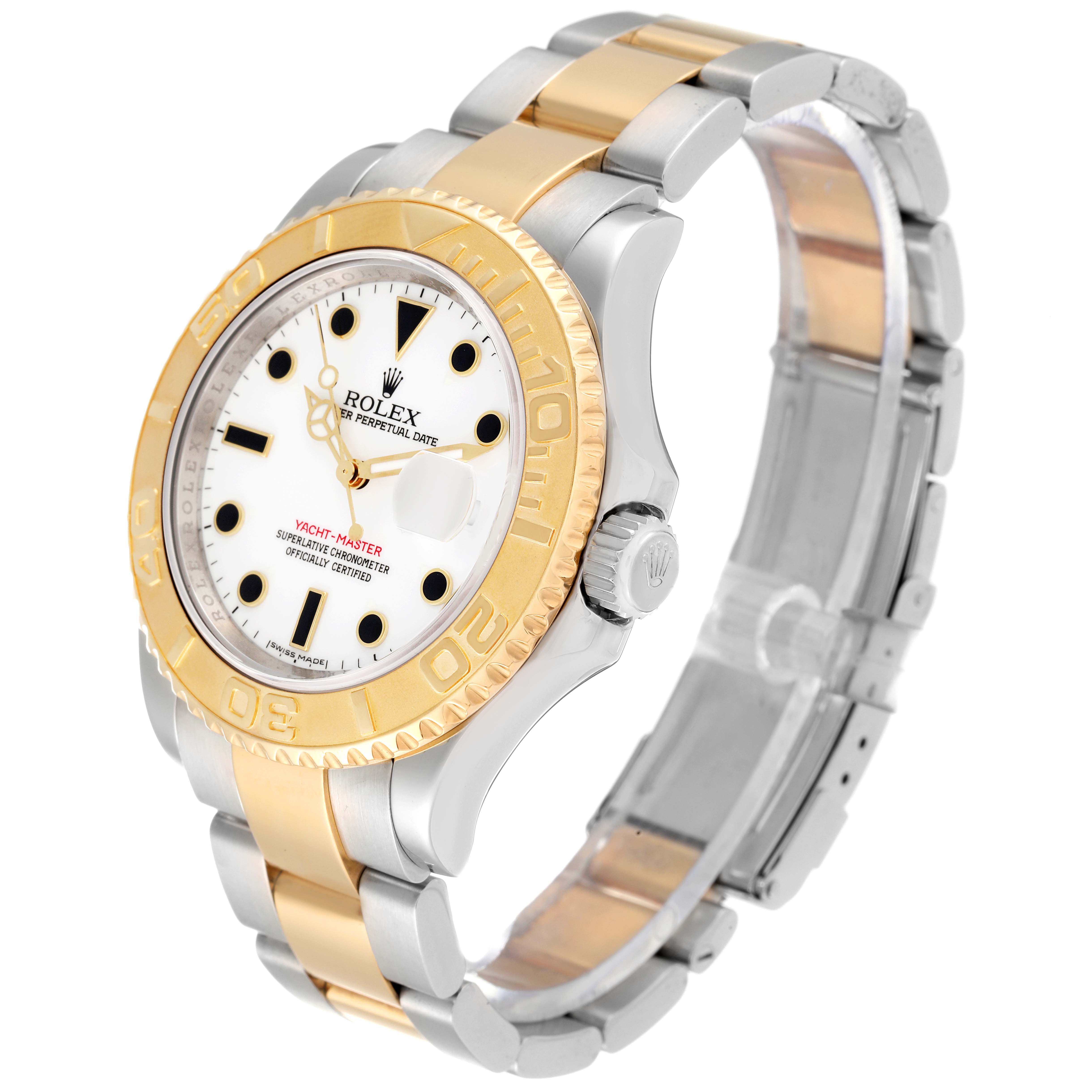 The Rolex Yacht-Master 16623 Men
s Stainless Steel White Dial 16623 Men
s Stainless Steel White Dial watch is shown from an angled perspective, highlighting the bezel, dial, and partially open bracelet.
