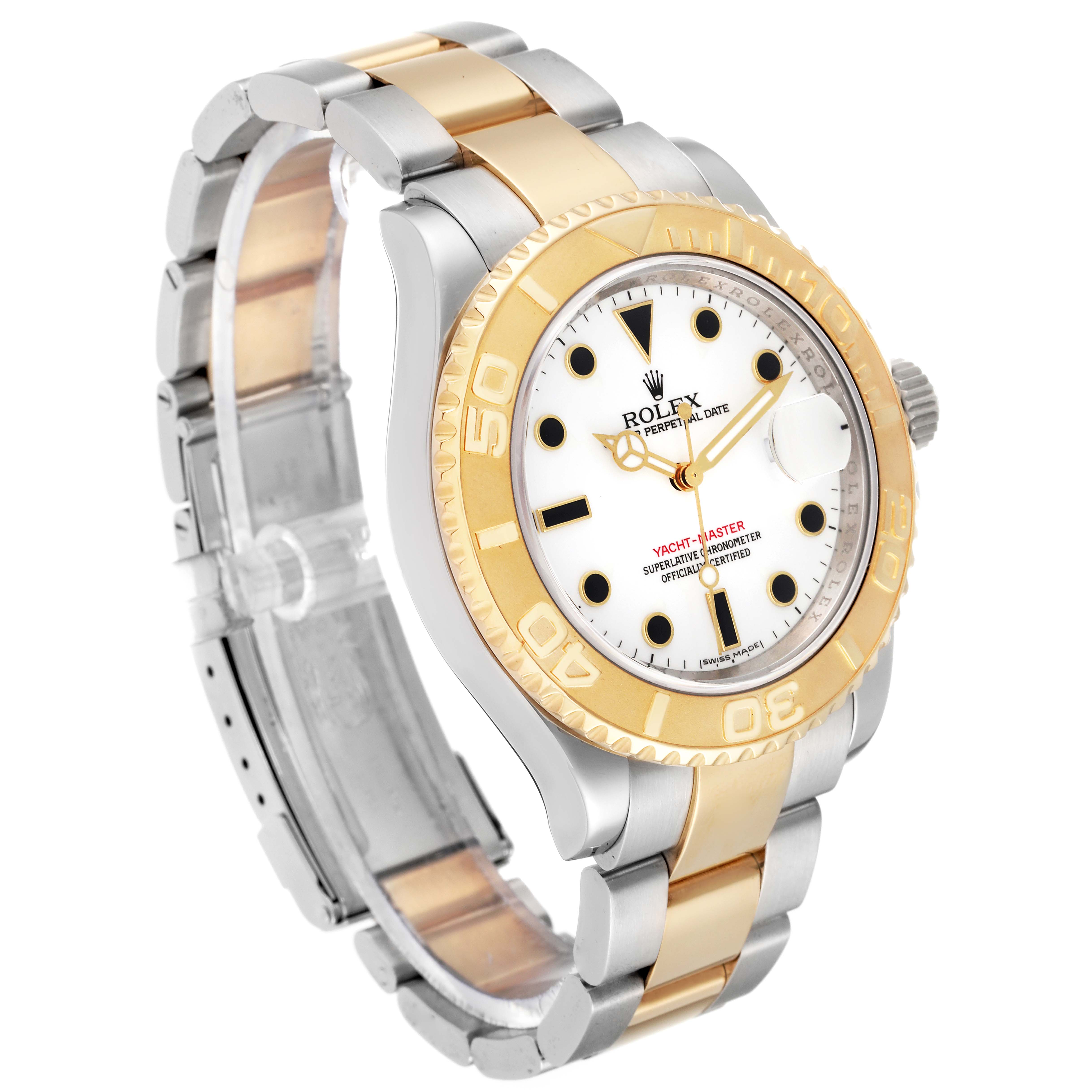 The image shows a Rolex Yacht-Master 16623 Men
s Stainless Steel White Dial 16623 Men
s Stainless Steel White Dial watch angled slightly from the front, highlighting the white dial and two-tone bracelet.