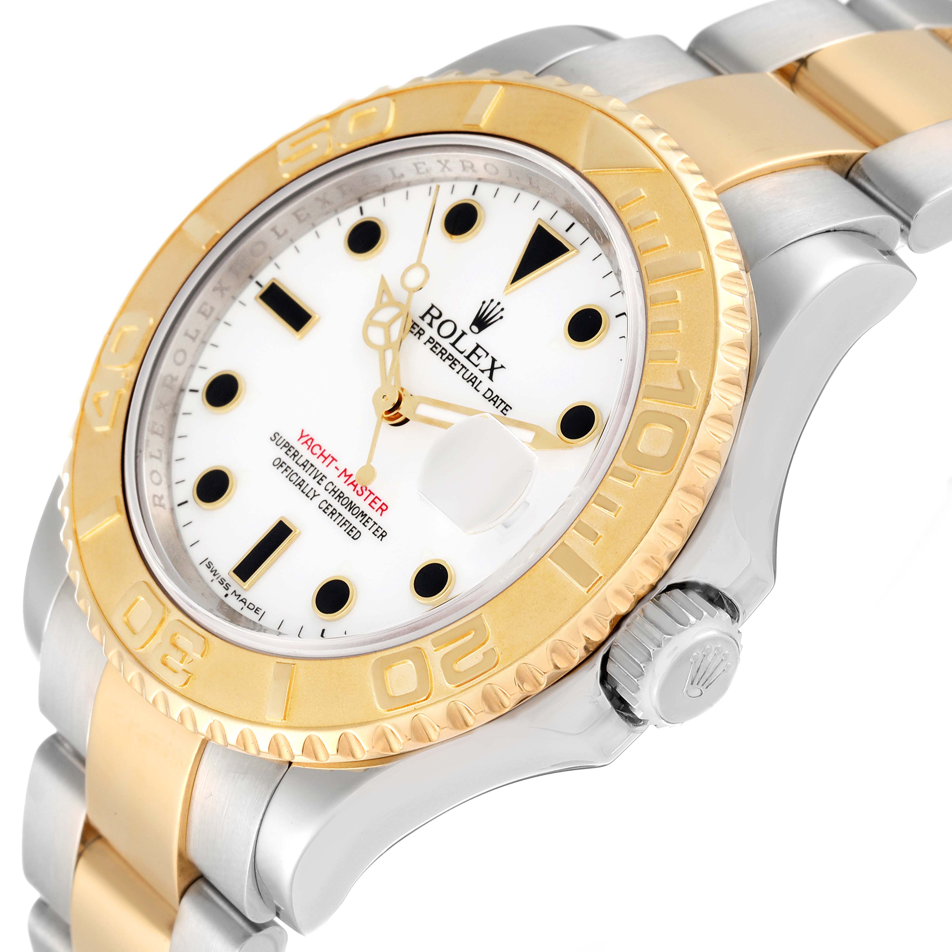 The Rolex Yacht-Master 16623 Men
s Stainless Steel White Dial 16623 Men
s Stainless Steel White Dial is shown at an angled view, highlighting the gold bezel, white dial, and two-tone bracelet.