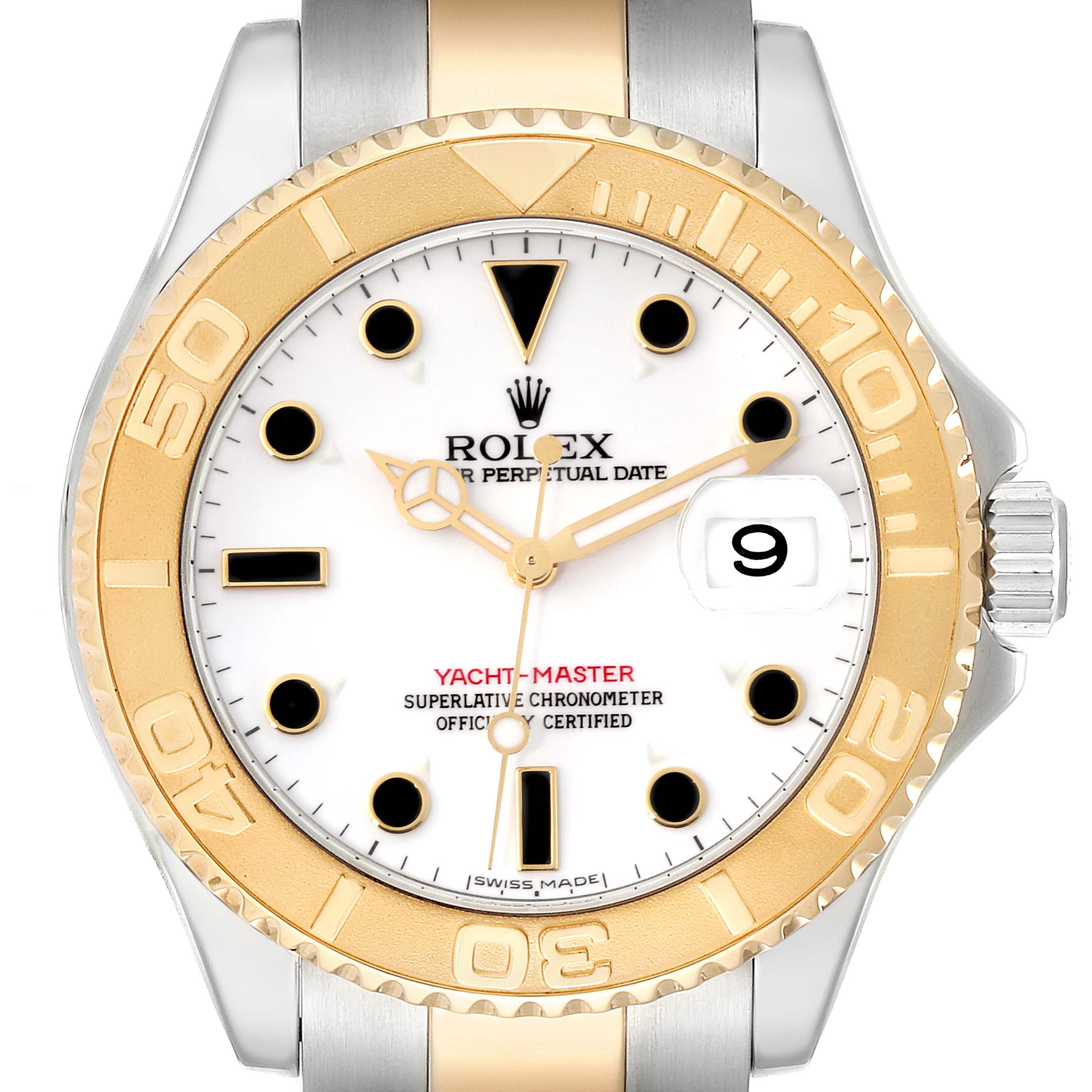 The image shows a frontal view of a Rolex Yacht-Master 16623 Men
s Stainless Steel White Dial 16623 Men
s Stainless Steel White Dial watch, highlighting the dial, bezel, and part of the bracelet.