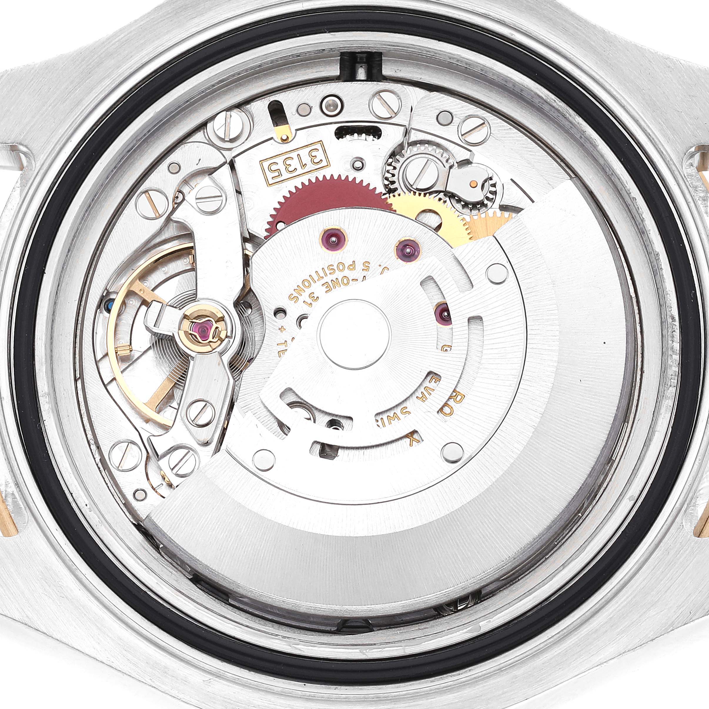 This image shows a close-up view of the movement and internal components of a Rolex Yacht-Master 16623 Men
s Stainless Steel White Dial 16623 Men
s Stainless Steel White Dial watch.