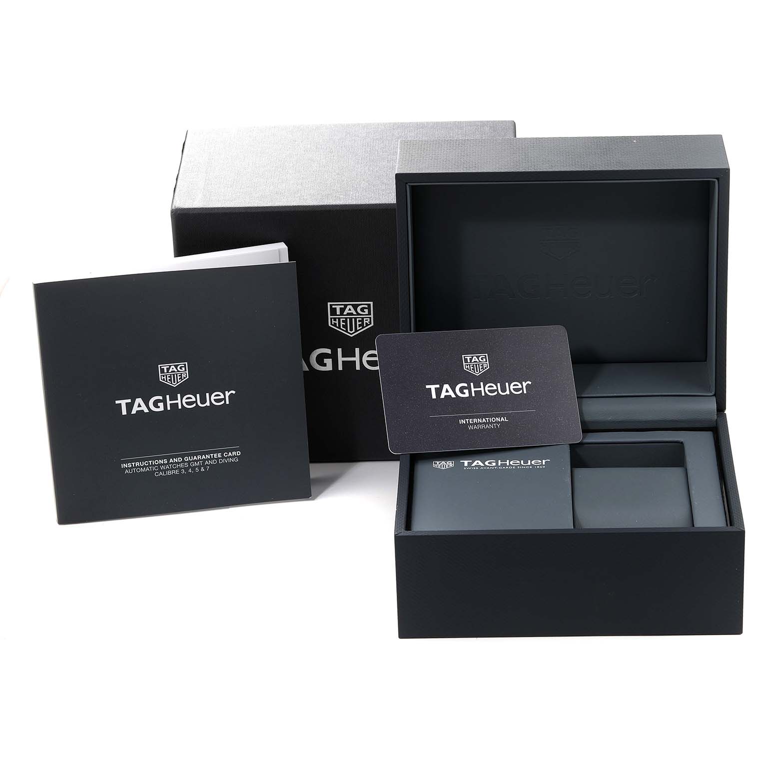 The image shows the box, warranty card, and manual for the Tag Heuer Aquaracer WBP2010.BA0632 Men's Stainless Steel Blue Dial WBP2010.BA0632 Men's Stainless Steel Blue Dial watch.