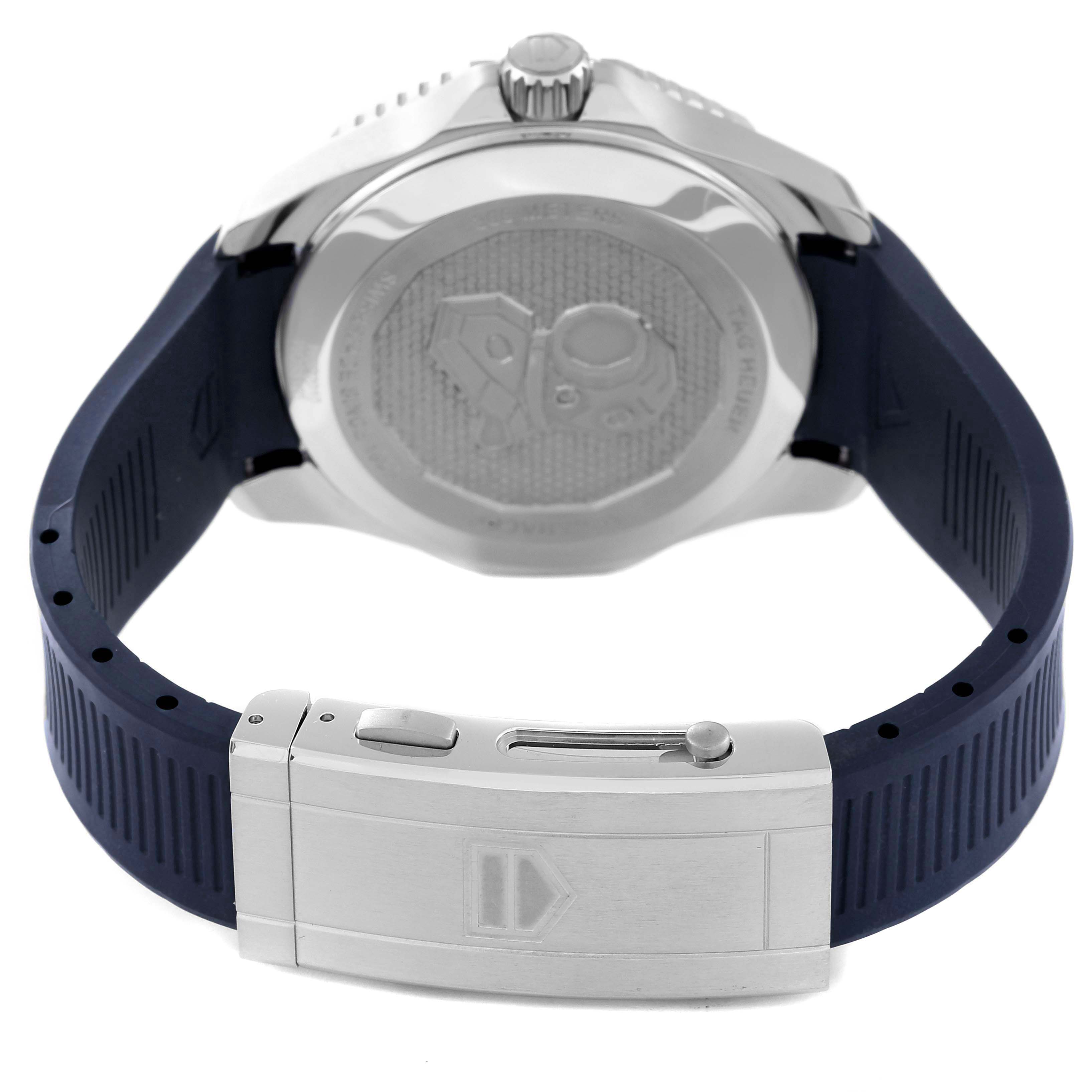 This image shows the back view of a Tag Heuer Aquaracer WBP2010.BA0632 Men's Stainless Steel Blue Dial WBP2010.BA0632 Men's Stainless Steel Blue Dial model, highlighting the case back and the clasp of the watch.