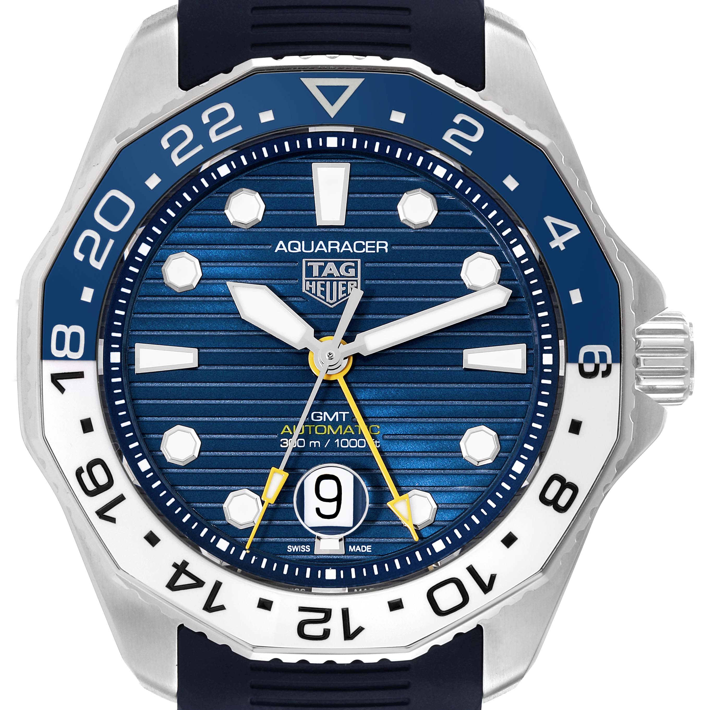 This image shows a front view of the Tag Heuer Aquaracer WBP2010.BA0632 Men's Stainless Steel Blue Dial WBP2010.BA0632 Men's Stainless Steel Blue Dial watch featuring a blue dial, GMT hand, and date window.