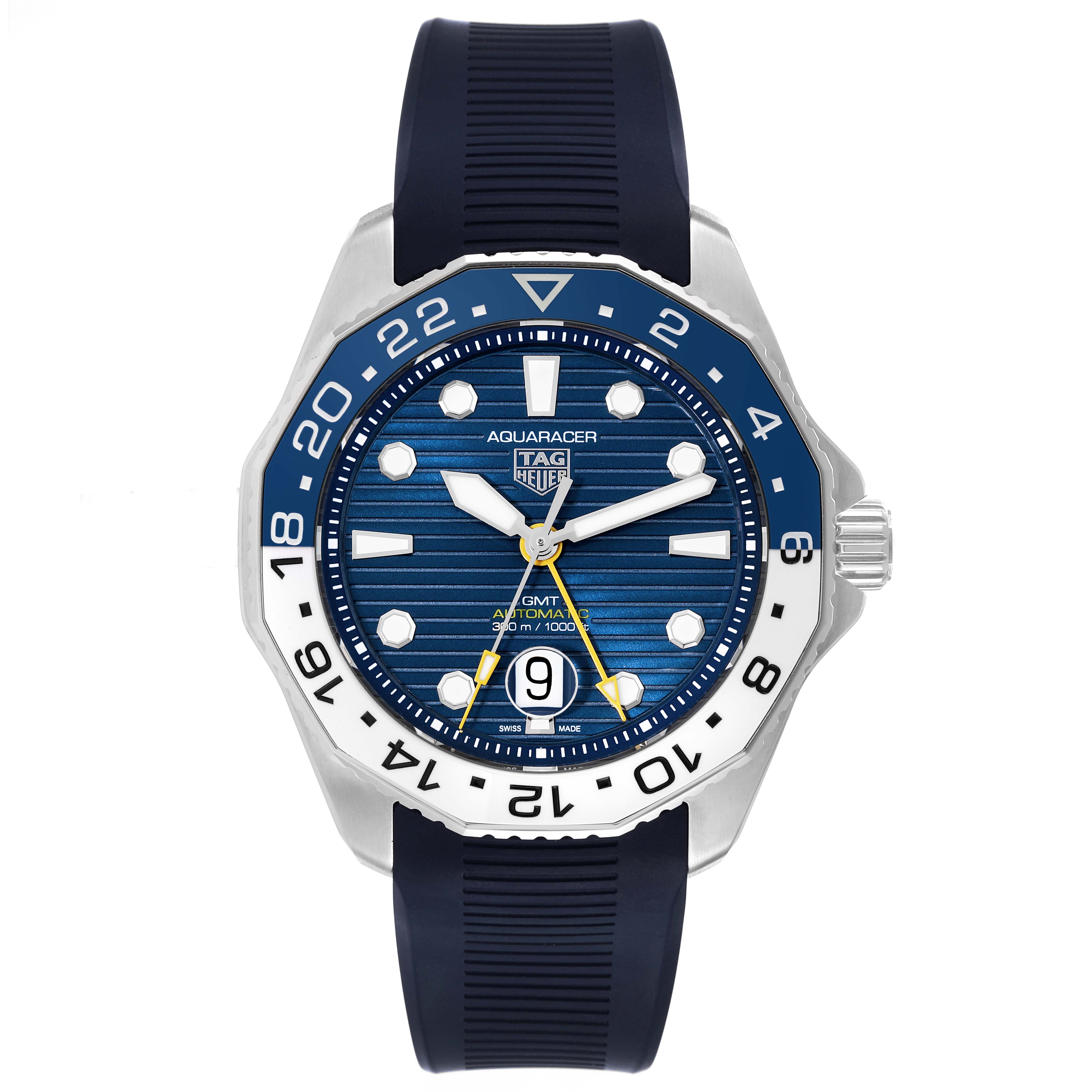 The image shows a Tag Heuer Aquaracer WBP2010.BA0632 Men's Stainless Steel Blue Dial WBP2010.BA0632 Men's Stainless Steel Blue Dial watch, front view, with a blue dial, rotating bezel, and a rubber strap.