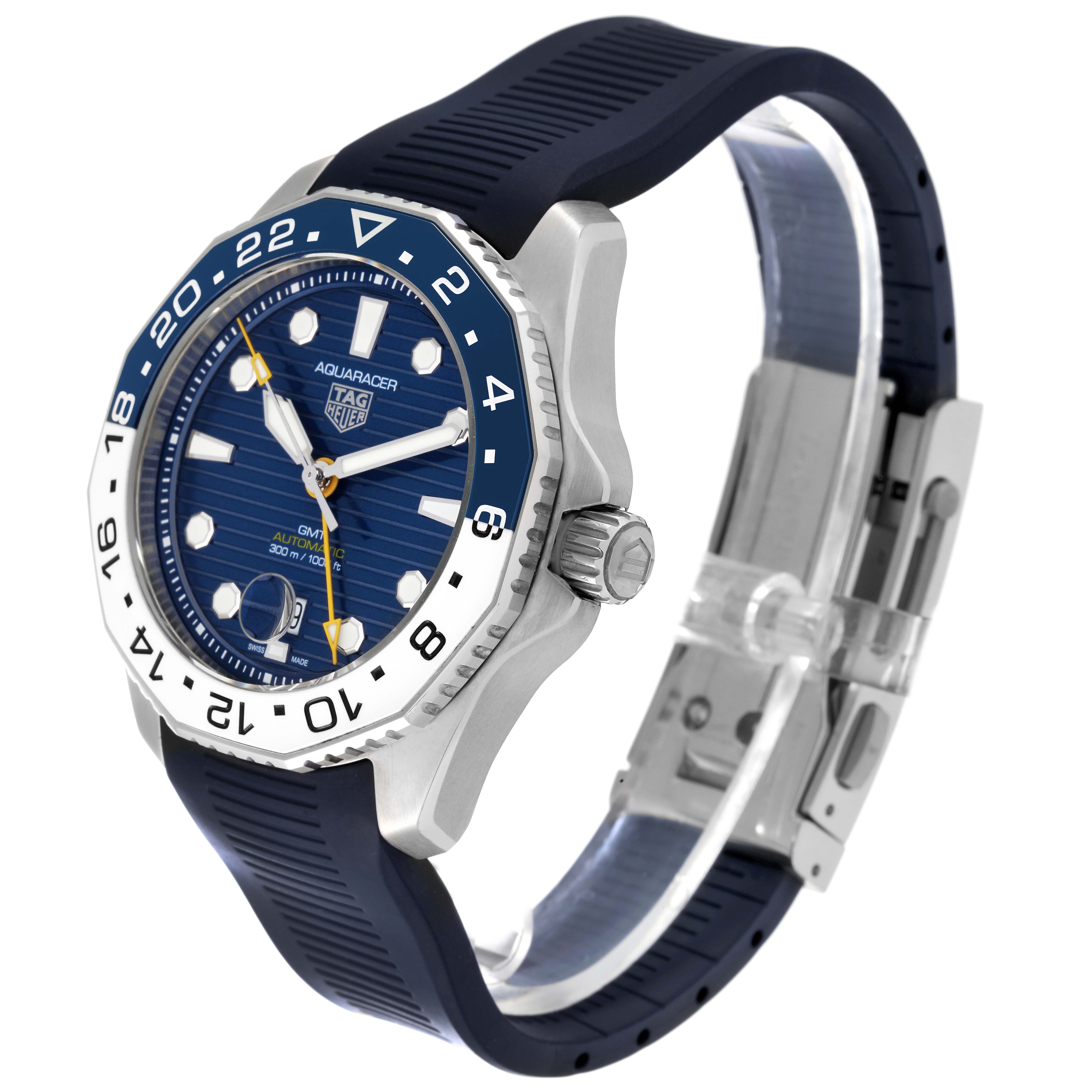 The image shows a side angle of the Tag Heuer Aquaracer WBP2010.BA0632 Men's Stainless Steel Blue Dial WBP2010.BA0632 Men's Stainless Steel Blue Dial watch, highlighting its face, bezel, crown, and strap.