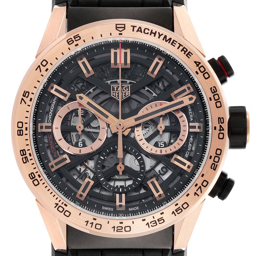 The image shows a frontal view of the Tag Heuer Carrera watch, highlighting its face and tachymetre bezel.