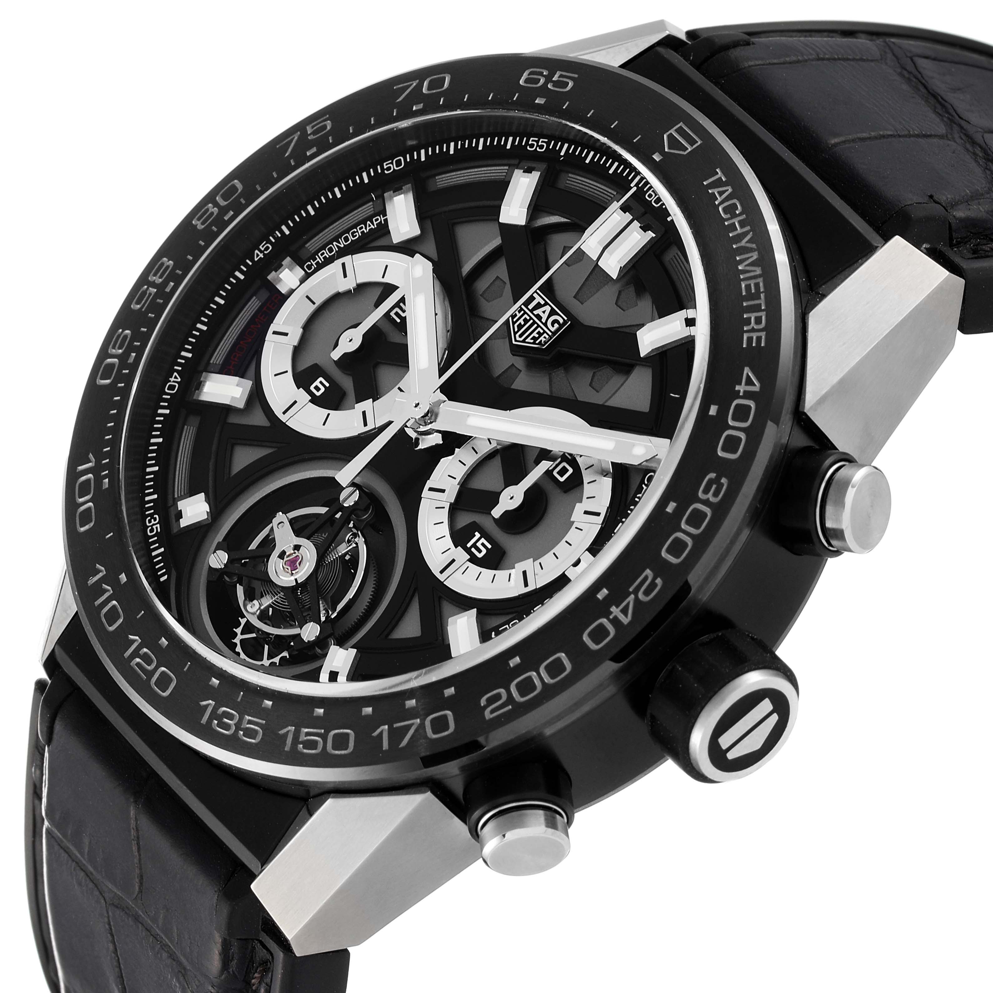 The image shows a close-up, angled view of a Tag Heuer Carrera CAR5A8Y.FC6377 Men's Titanium Black Dial CAR5A8Y.FC6377 Men's Titanium Black Dial watch, focusing on the dial, case, and crown.