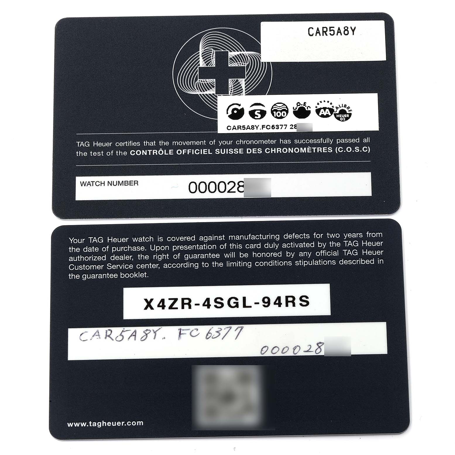 The image shows two warranty cards for the Carrera model by Tag Heuer, displaying information such as watch number and reference codes.