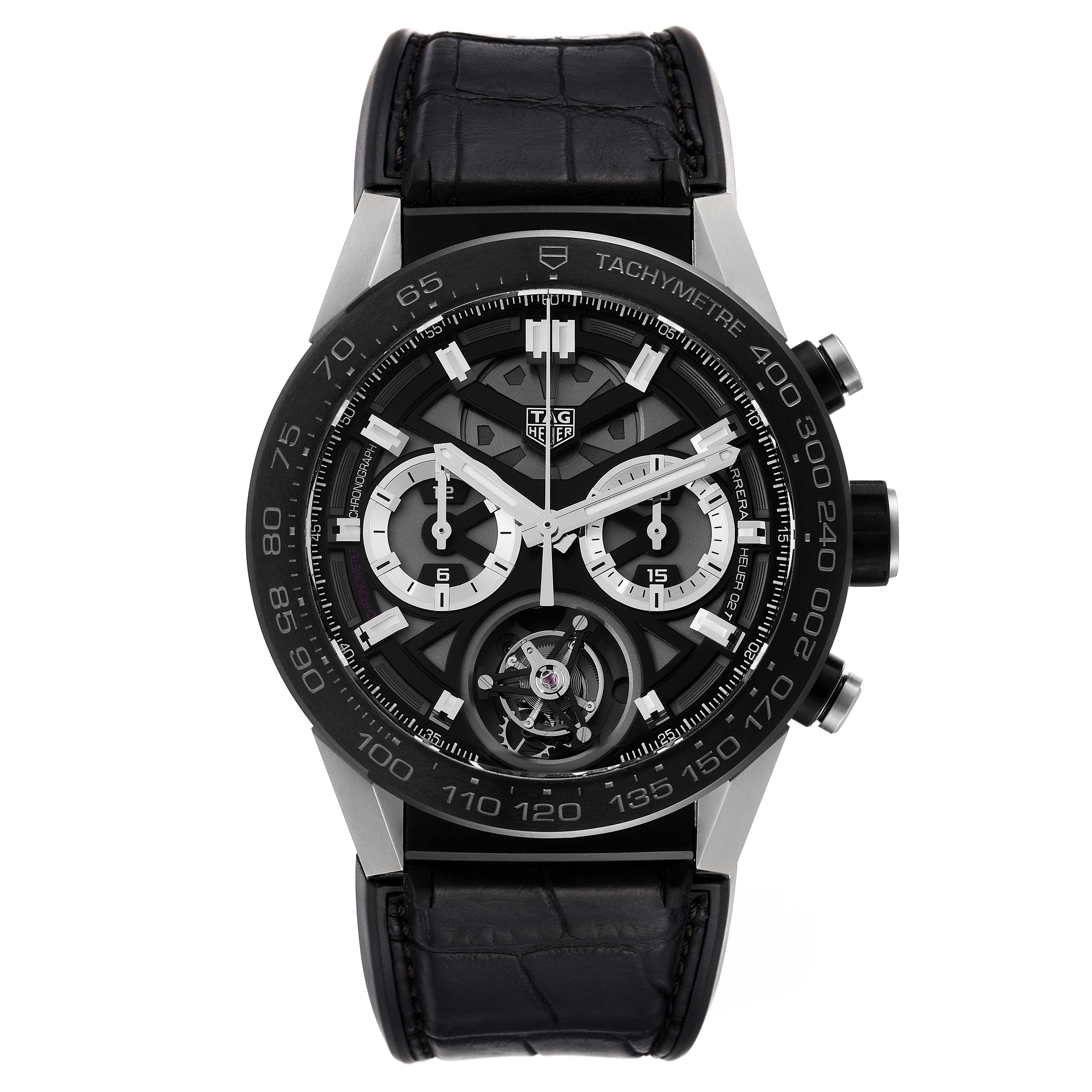 The image shows a front view of a Tag Heuer Carrera CAR5A8Y.FC6377 Men's Titanium Black Dial CAR5A8Y.FC6377 Men's Titanium Black Dial model watch with a black leather strap and a detailed dial.