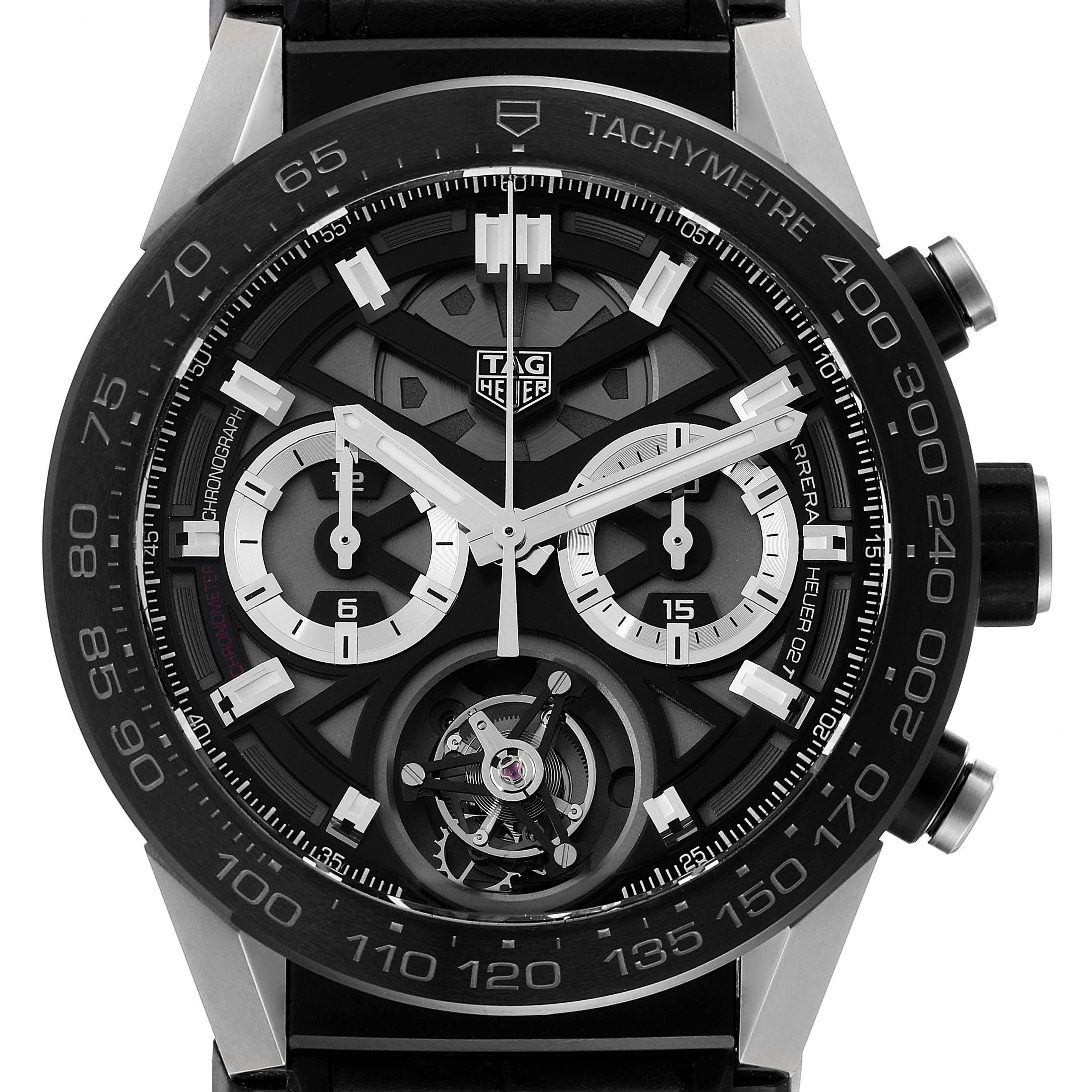 The image shows a close-up of the face of a Tag Heuer Carrera CAR5A8Y.FC6377 Men's Titanium Black Dial CAR5A8Y.FC6377 Men's Titanium Black Dial model, highlighting the chronograph dials and tachymeter bezel.