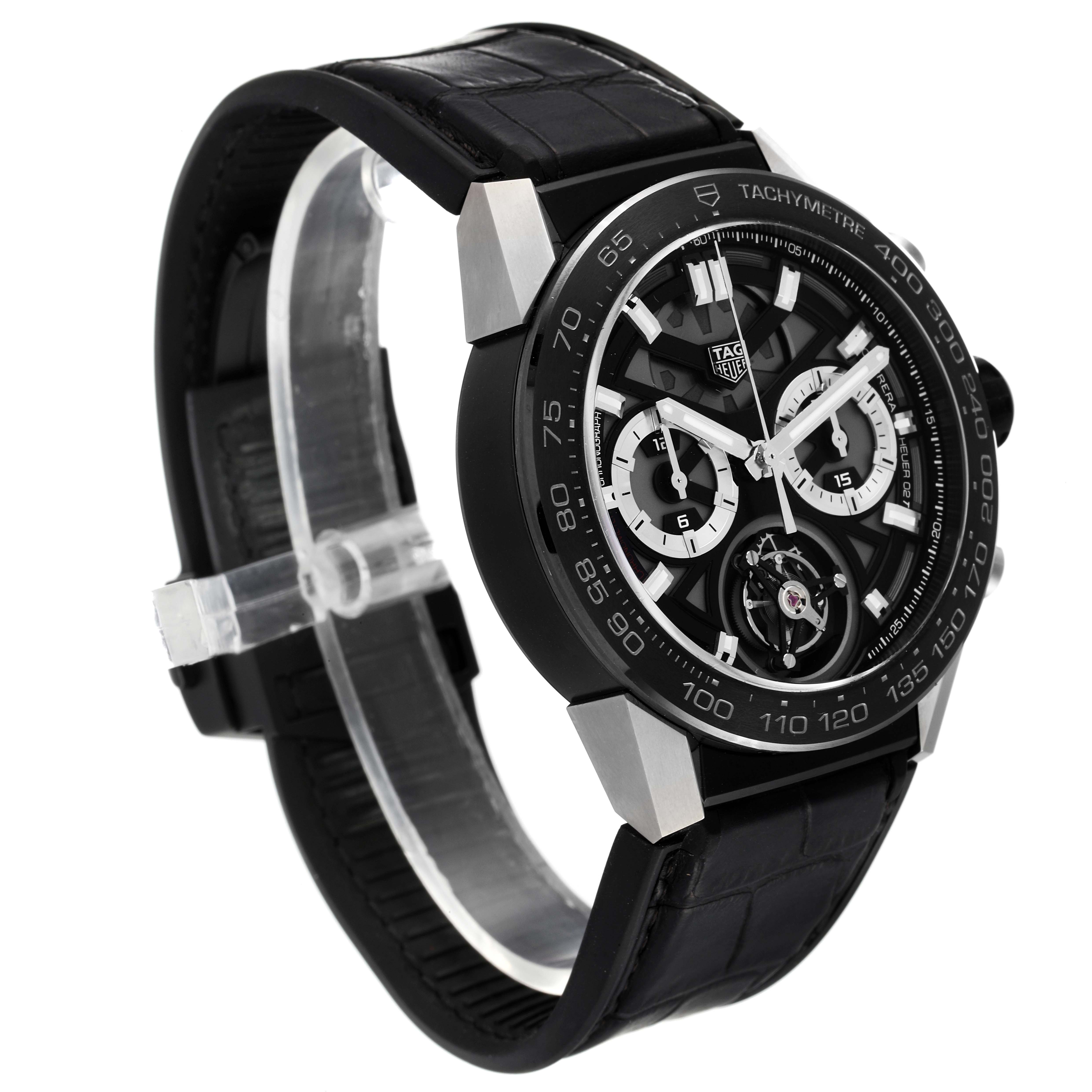 The image shows a side angle view of a Tag Heuer Carrera CAR5A8Y.FC6377 Men's Titanium Black Dial CAR5A8Y.FC6377 Men's Titanium Black Dial watch, highlighting its dial, tachymeter, and black strap.