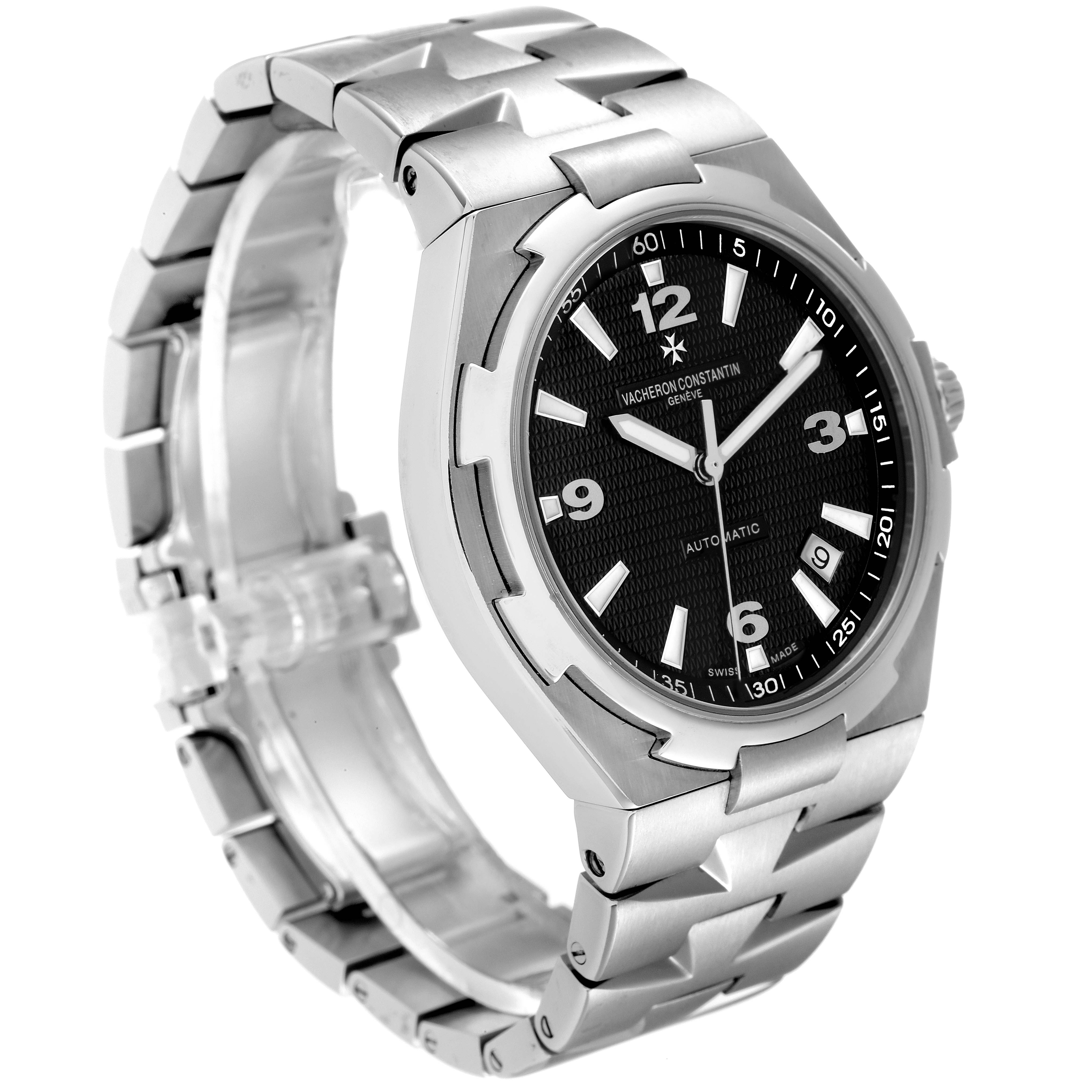 The angle displays the Vacheron Constantin Overseas 47040/B01A-9094 Men's Stainless Steel Black Dial 47040/B01A-9094 Men's Stainless Steel Black Dial watch at a three-quarter view, showing the face, bezel, and a portion of the bracelet.