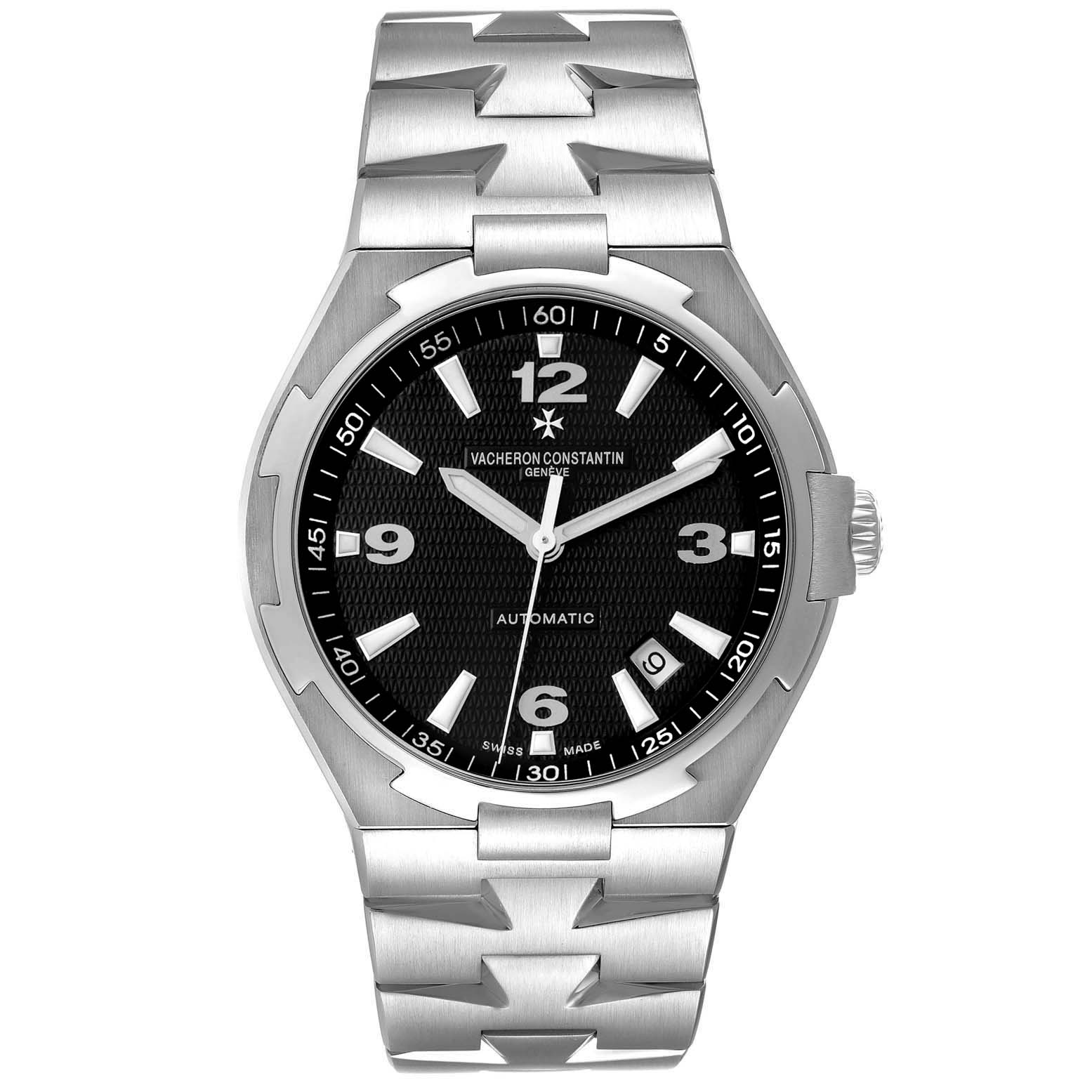 The image shows a front view of the Vacheron Constantin Overseas 47040/B01A-9094 Men's Stainless Steel Black Dial 47040/B01A-9094 Men's Stainless Steel Black Dial watch, displaying its face, bezel, and bracelet.