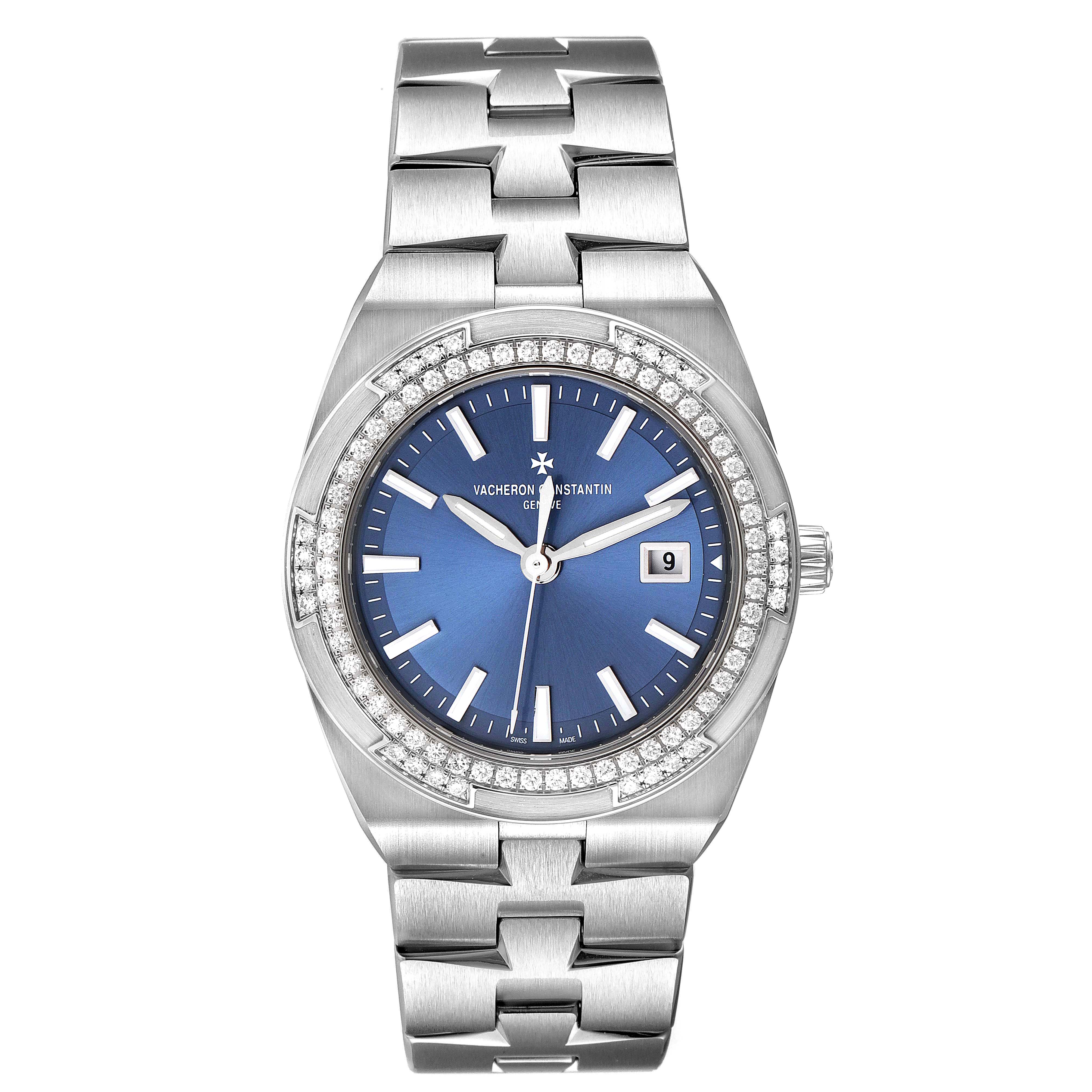 The Vacheron Constantin Overseas 1205V/100A-B590 Women's Stainless Steel Blue Dial watch is shown from the front, highlighting the blue dial, diamond bezel, and stainless steel bracelet.