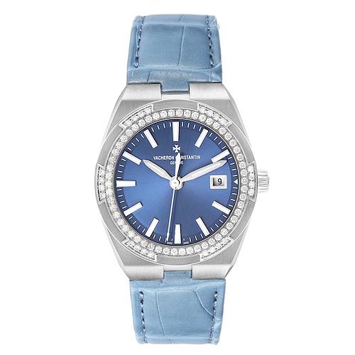 The image shows a front view of the Vacheron Constantin Overseas 1205V/100A-B590 Women's Stainless Steel Blue Dial watch, displaying its blue dial, bezel with diamonds, and blue strap.