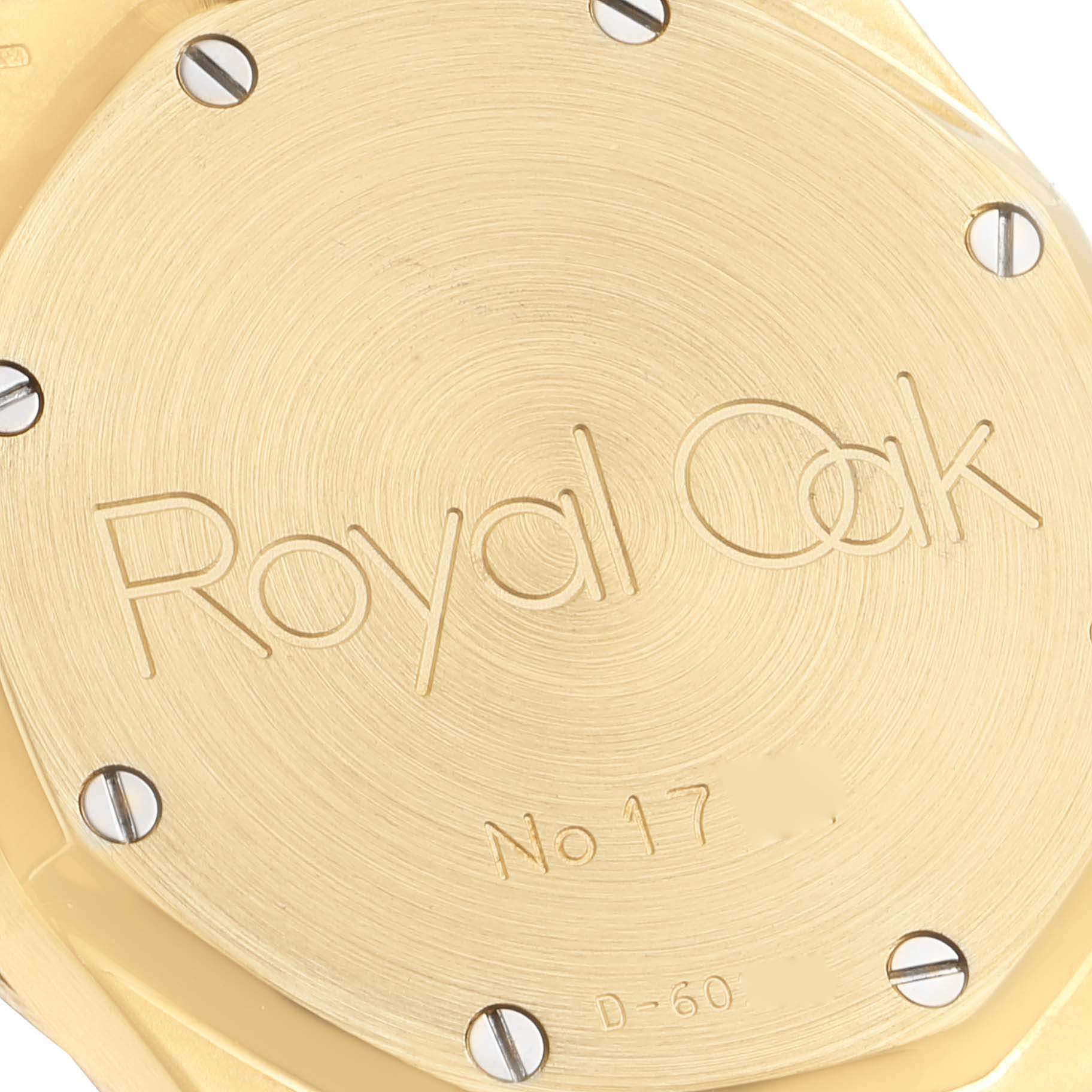 This image shows the back case of a Royal Oak watch by Audemars Piguet at a close-up angle.