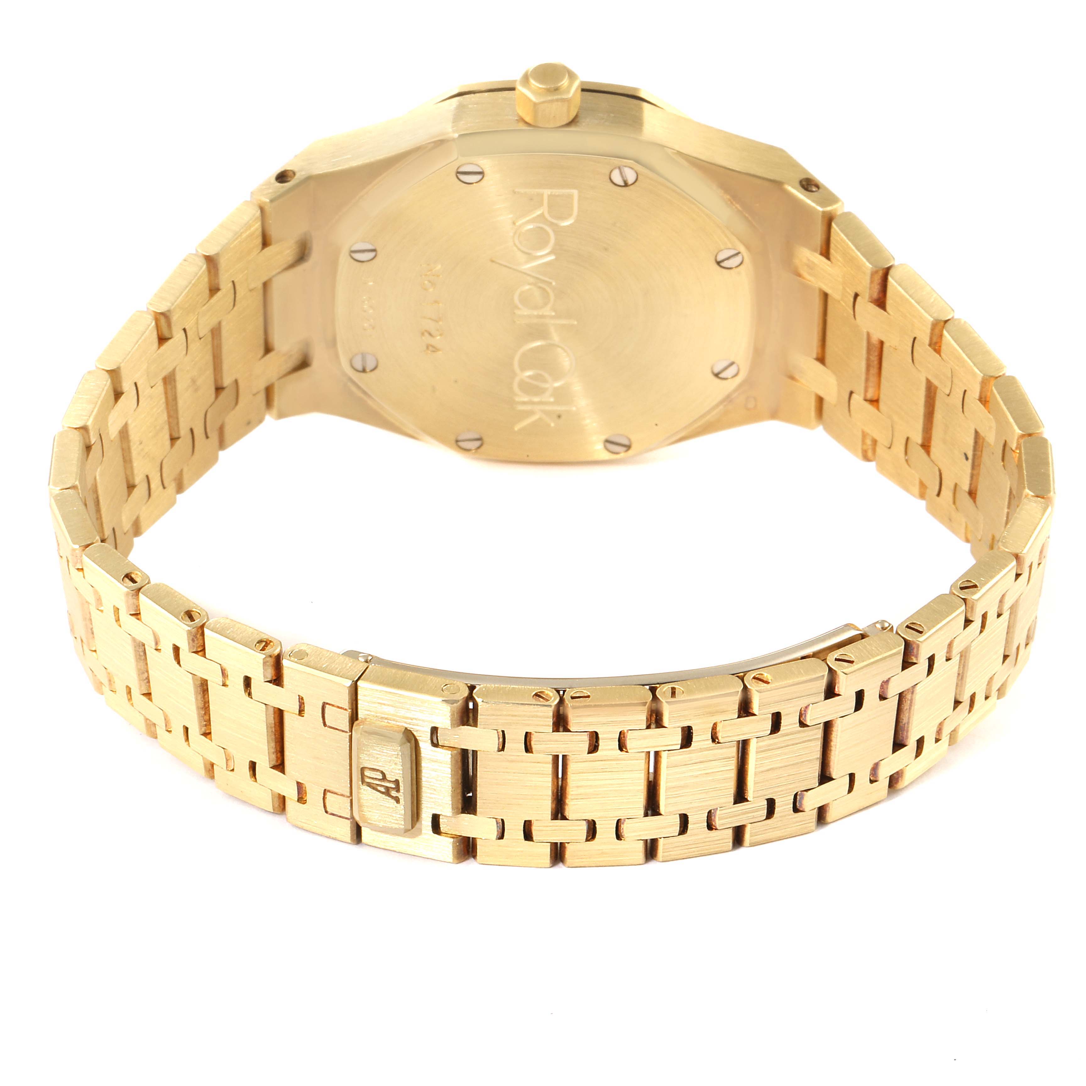 This image shows the case back and bracelet of a Royal Oak model watch by Audemars Piguet from a rear angle.