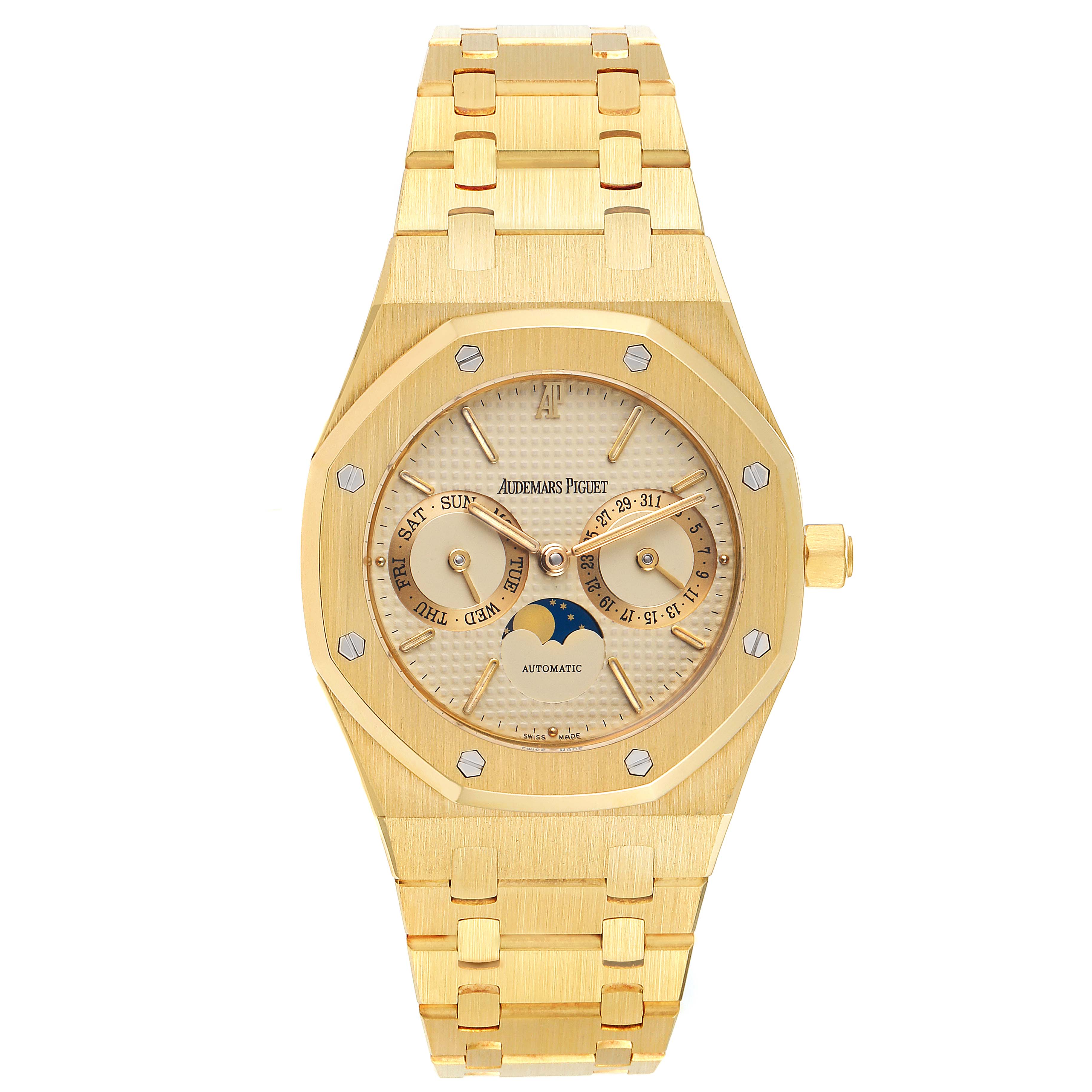 The image shows a front view of an Audemars Piguet Royal Oak 25594BA.OO.0477BA.01 Men's Yellow Gold Champagne Dial 25594BA.OO.0477BA.01 Men's Yellow Gold Champagne Dial watch, highlighting its dial, bezel, and bracelet.