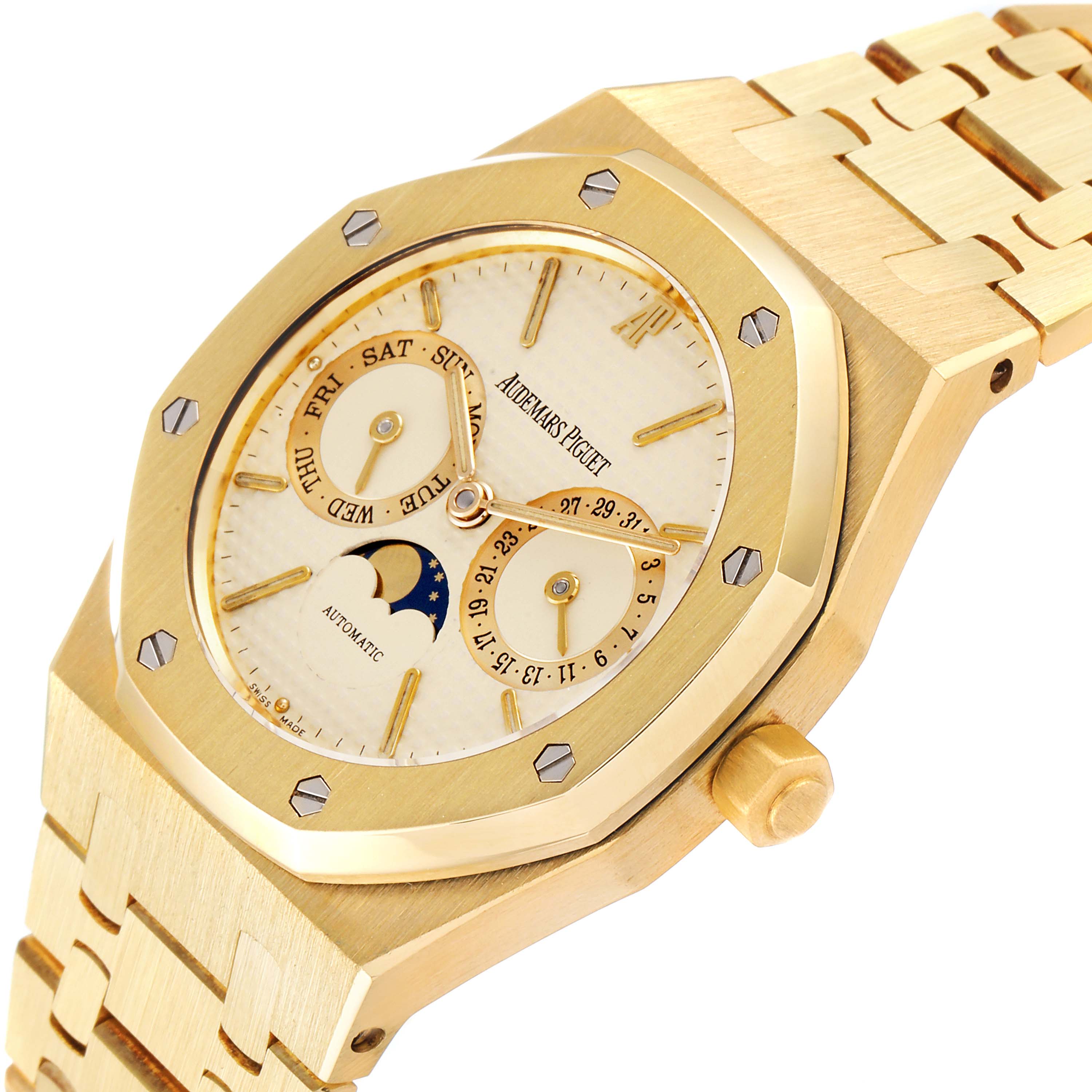 This image shows a close-up, angled view of the dial, bezel, and bracelet of an Audemars Piguet Royal Oak 25594BA.OO.0477BA.01 Men's Yellow Gold Champagne Dial 25594BA.OO.0477BA.01 Men's Yellow Gold Champagne Dial watch.