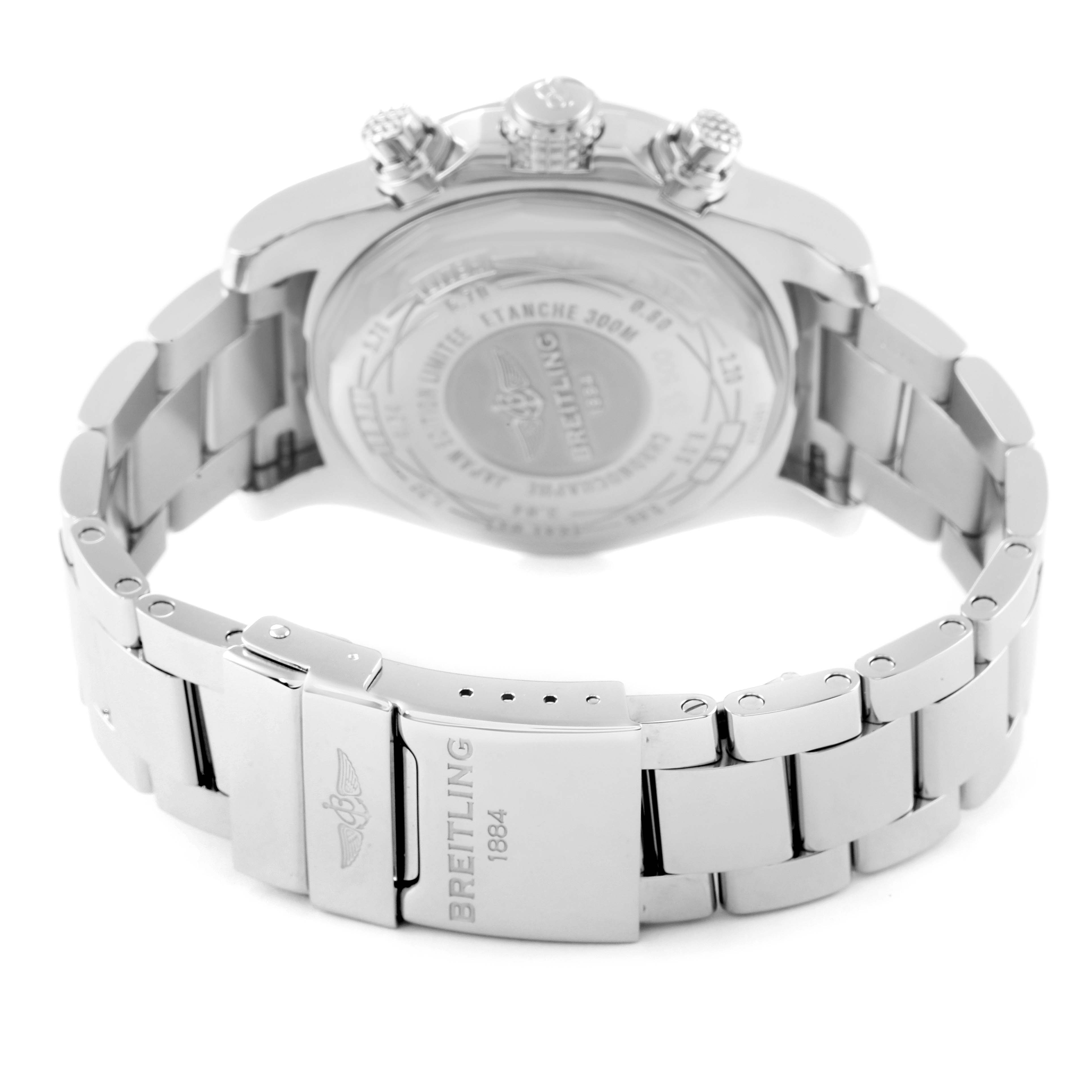 The image shows the rear view of a Breitling Avenger A13381 Men's Stainless Steel White Dial A13381 Men's Stainless Steel White Dial watch, focusing on the case back and stainless steel bracelet.