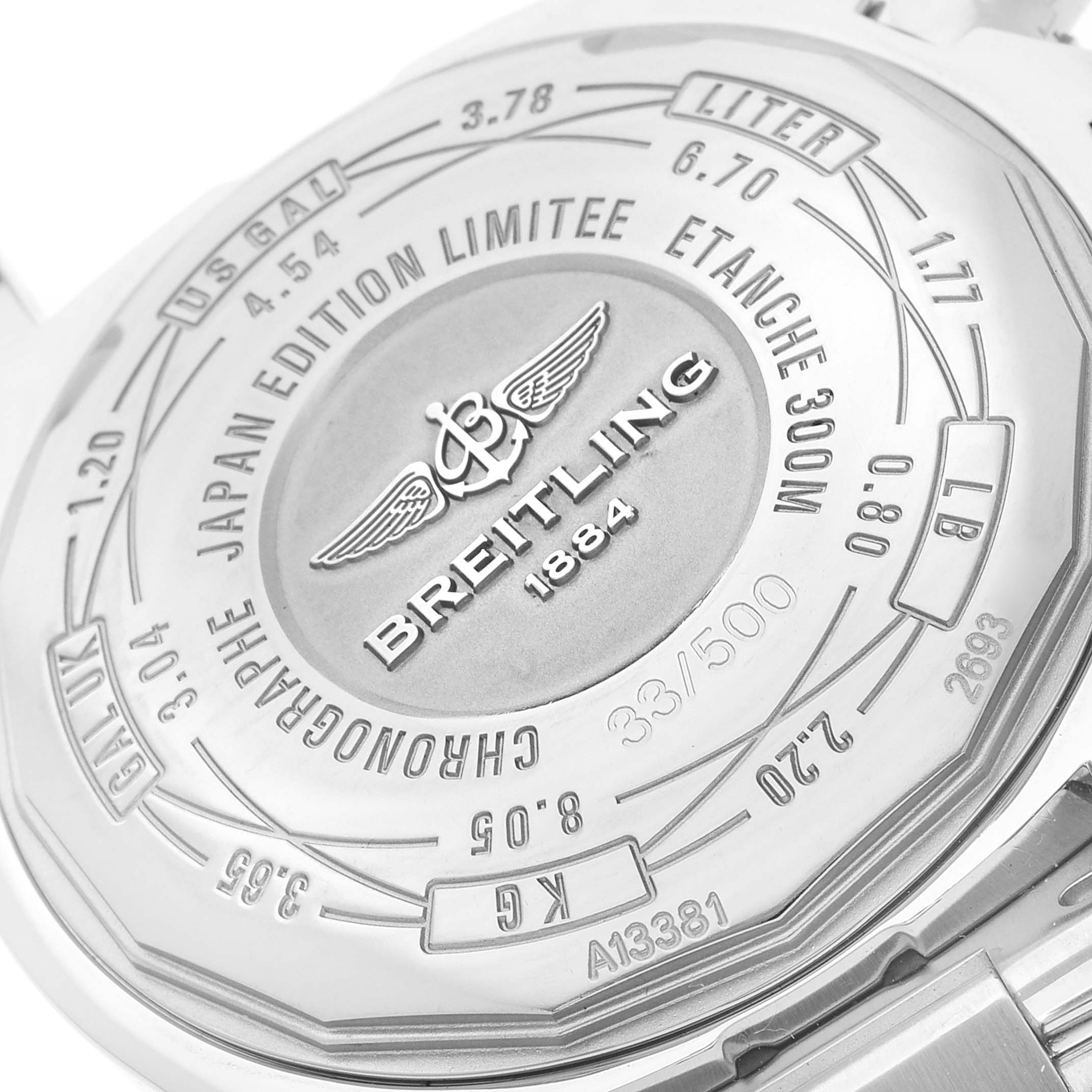 The image shows the back case of a Breitling Avenger A13381 Men's Stainless Steel White Dial A13381 Men's Stainless Steel White Dial watch, highlighting its engravings and limited edition details.