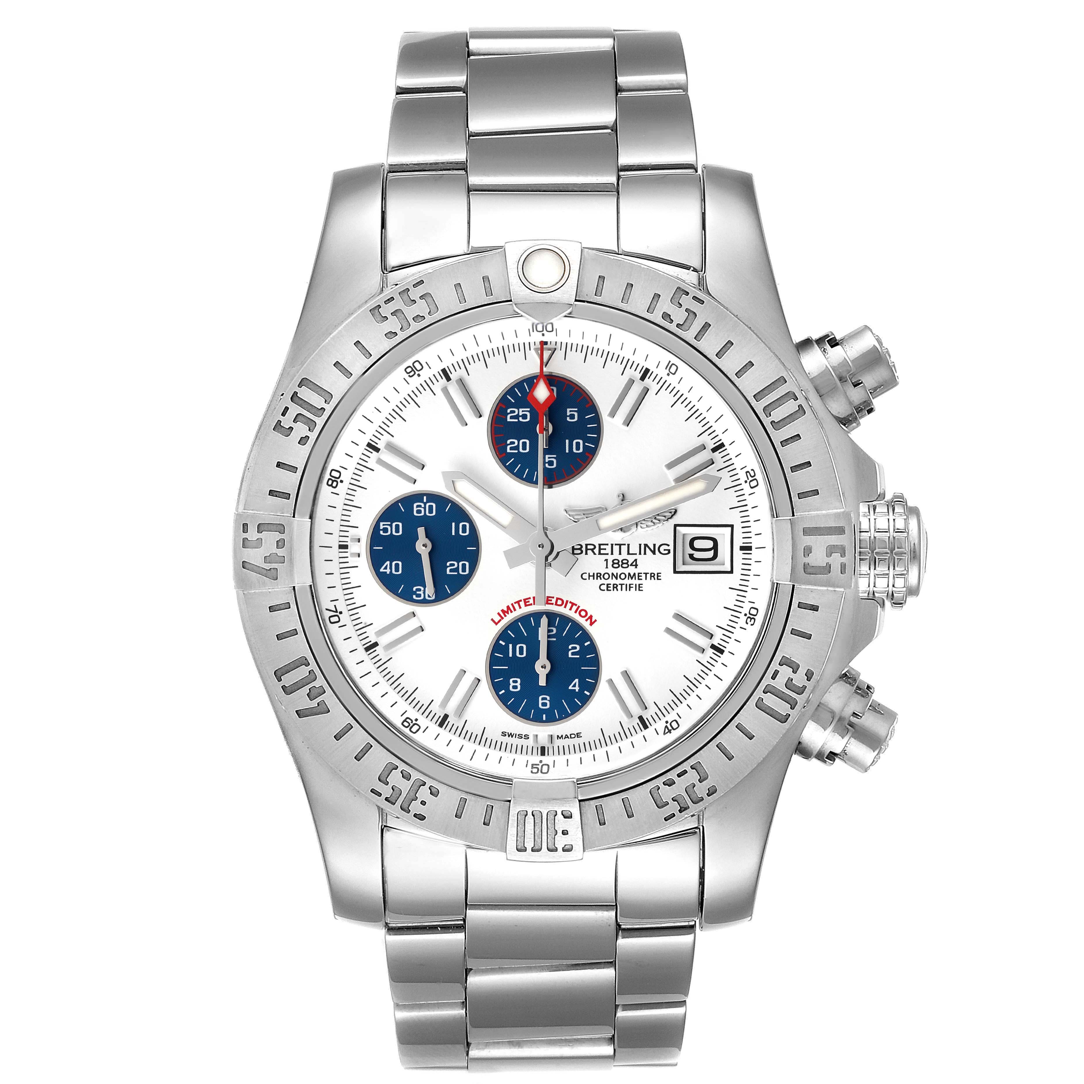 The image shows a front view of a Breitling Avenger A13381 Men's Stainless Steel White Dial A13381 Men's Stainless Steel White Dial watch with a silver bracelet and white dial featuring blue subdials.