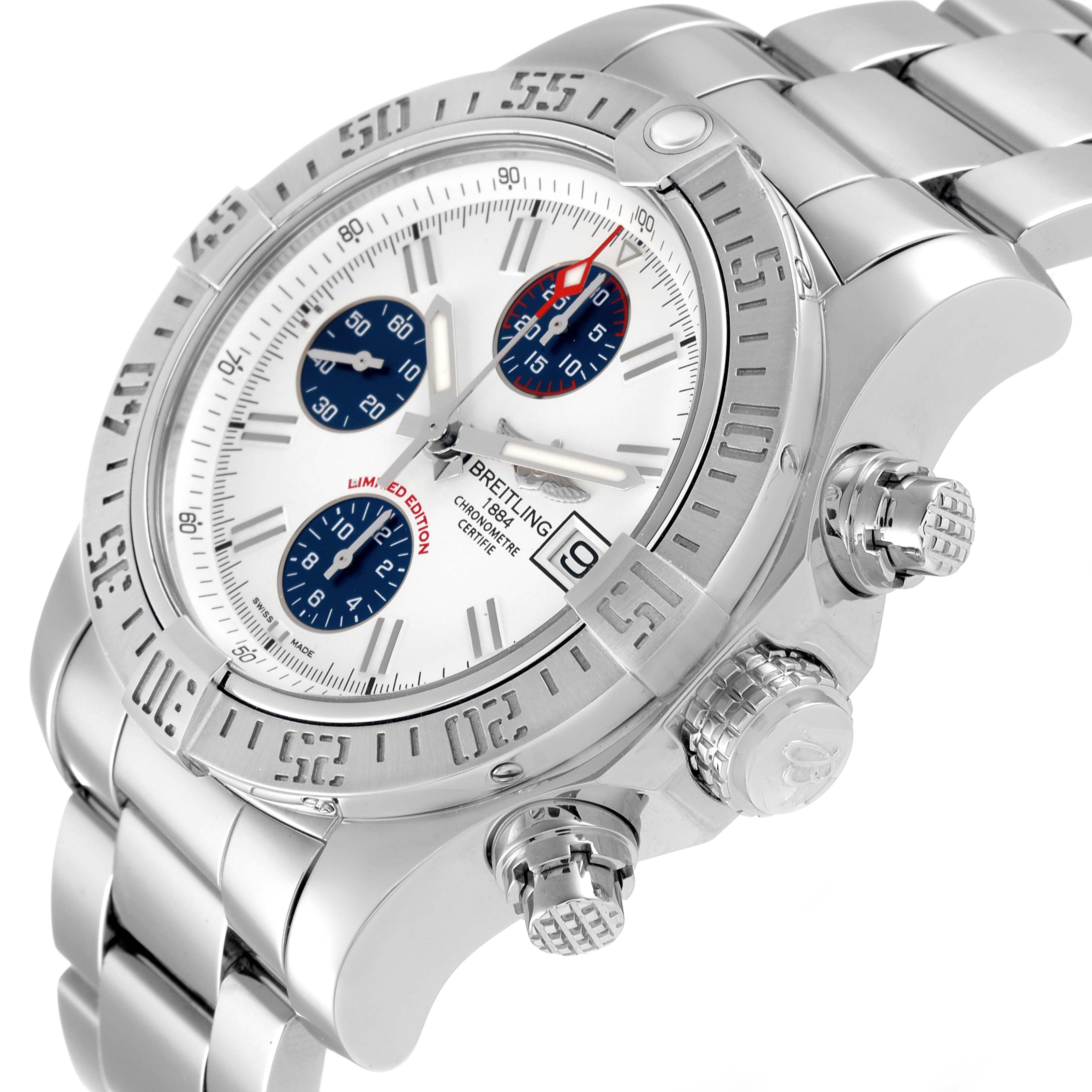 The side angle of the Breitling Avenger A13381 Men's Stainless Steel White Dial A13381 Men's Stainless Steel White Dial watch shows the bezel, crown, pushers, and part of the bracelet.