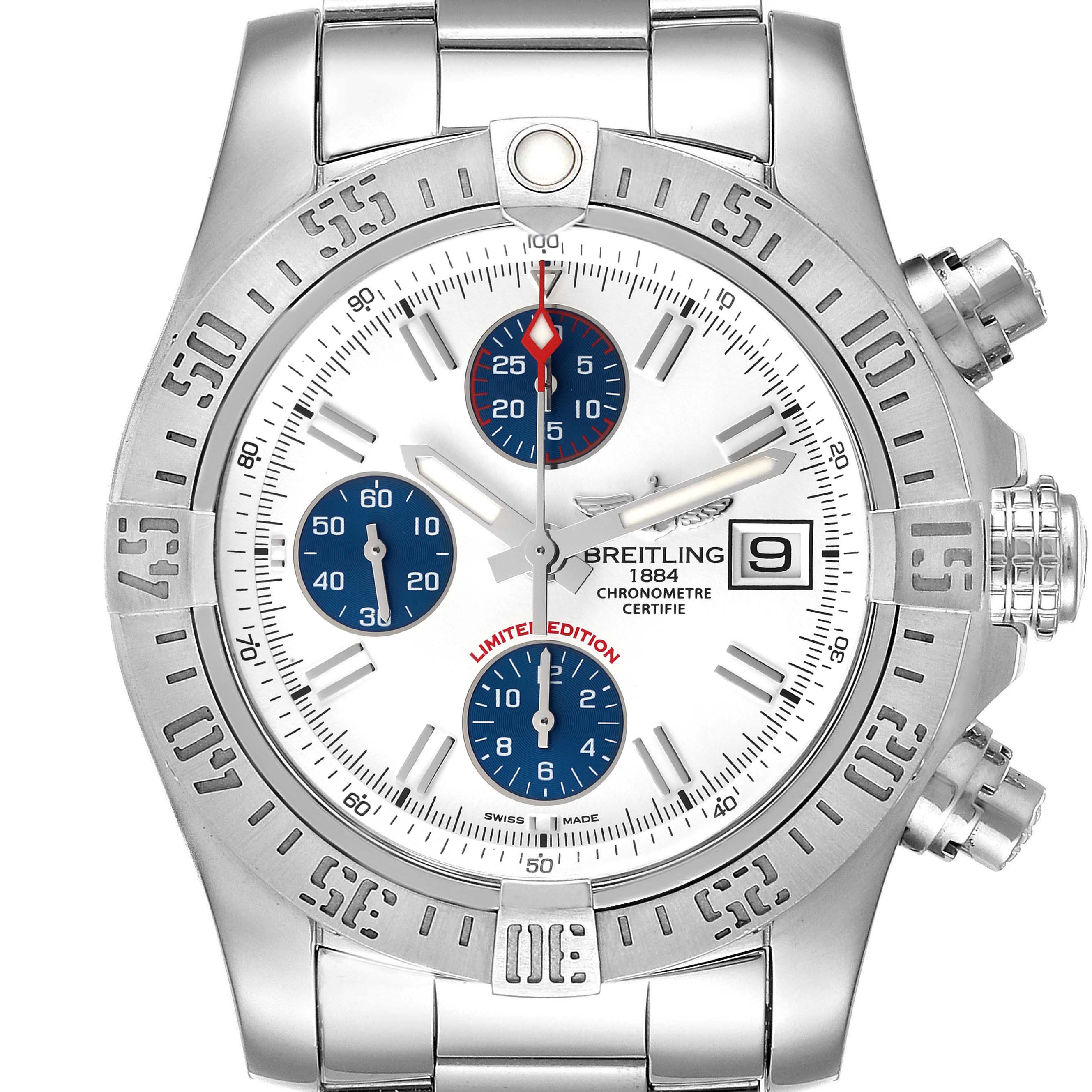 The image shows the front view of a Breitling Avenger A13381 Men's Stainless Steel White Dial A13381 Men's Stainless Steel White Dial watch, highlighting the dial, bezel, subdials, and date window.