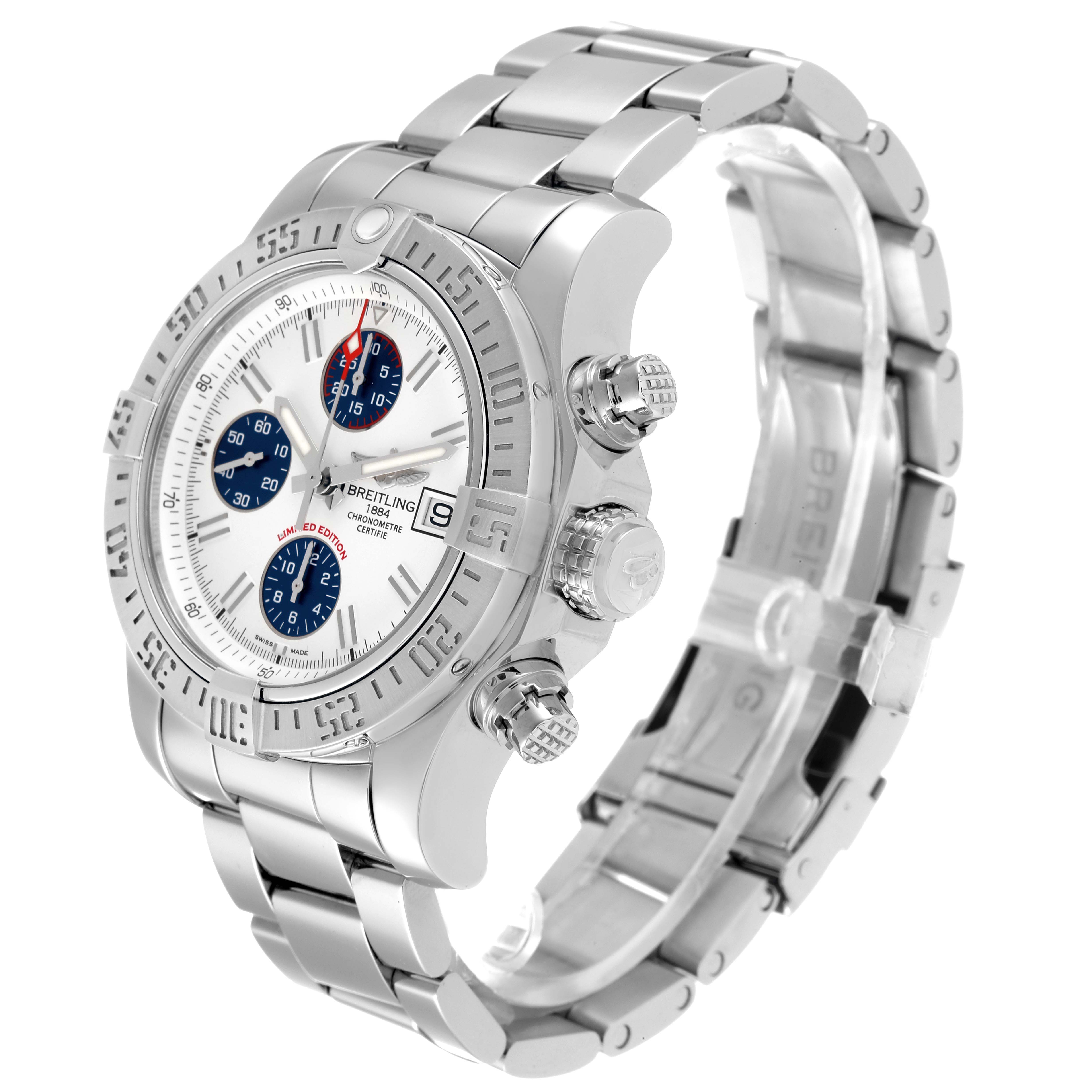 The Breitling Avenger A13381 Men's Stainless Steel White Dial A13381 Men's Stainless Steel White Dial watch is shown from an angled front view, highlighting the dial, bezel, crown, and stainless steel bracelet.