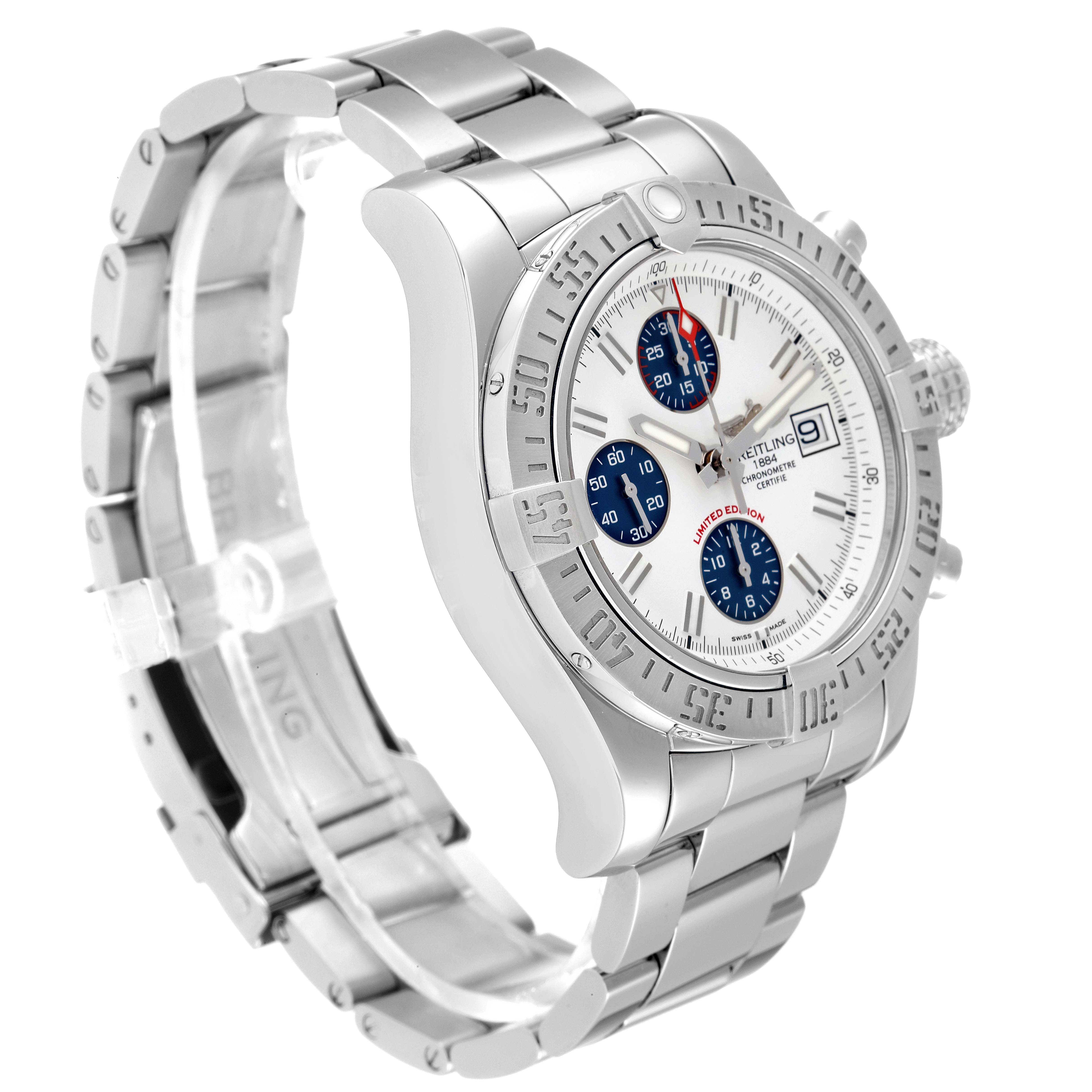 The image features a Breitling Avenger A13381 Men's Stainless Steel White Dial A13381 Men's Stainless Steel White Dial watch shown at a three-quarter angle, displaying its bezel, dial, subdials, and stainless steel bracelet.