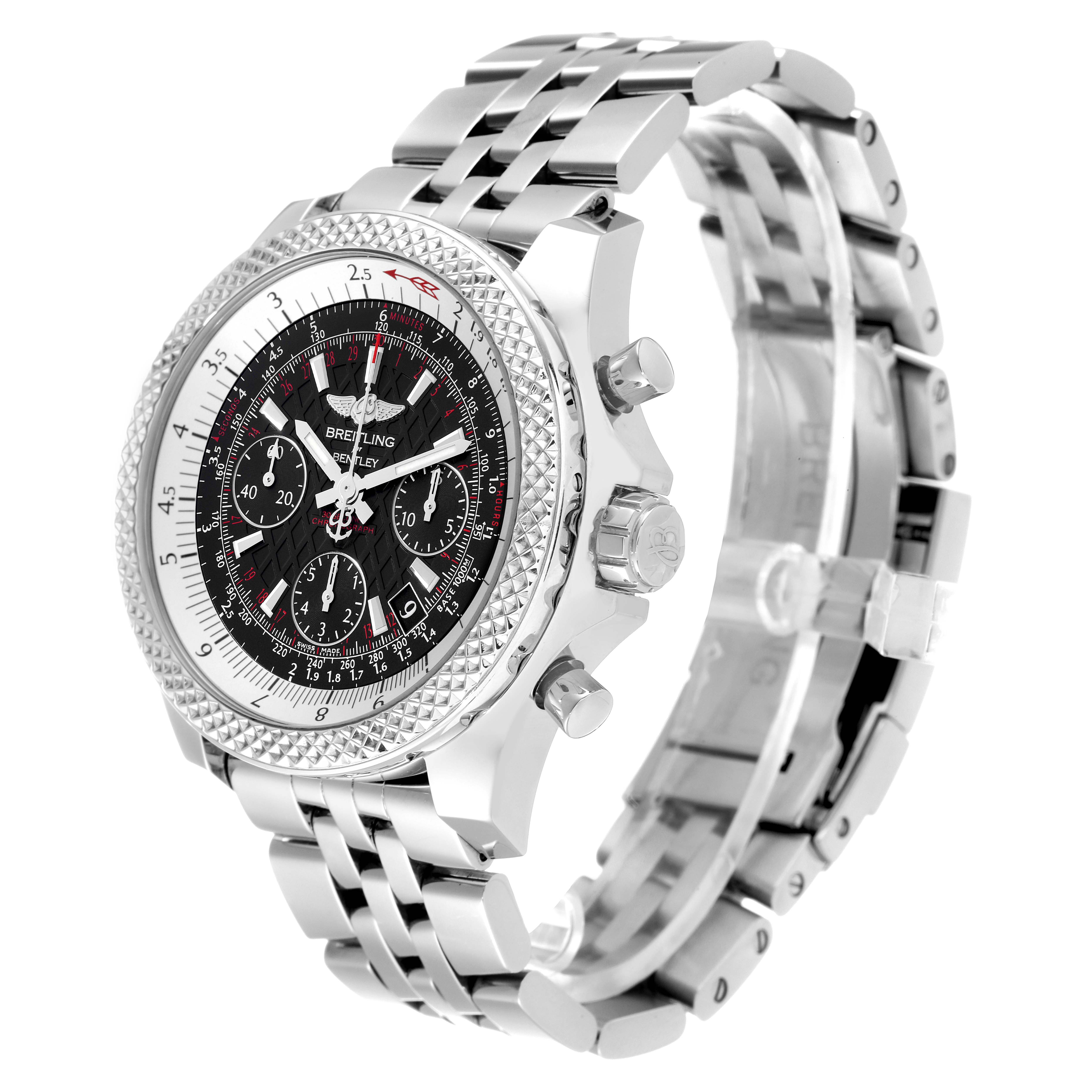 The image shows an angled, close-up view of the Breitling Bentley AB0612 Men's Stainless Steel Black Dial AB0612 Men's Stainless Steel Black Dial watch featuring its detailed dial, bezel, and metal bracelet.