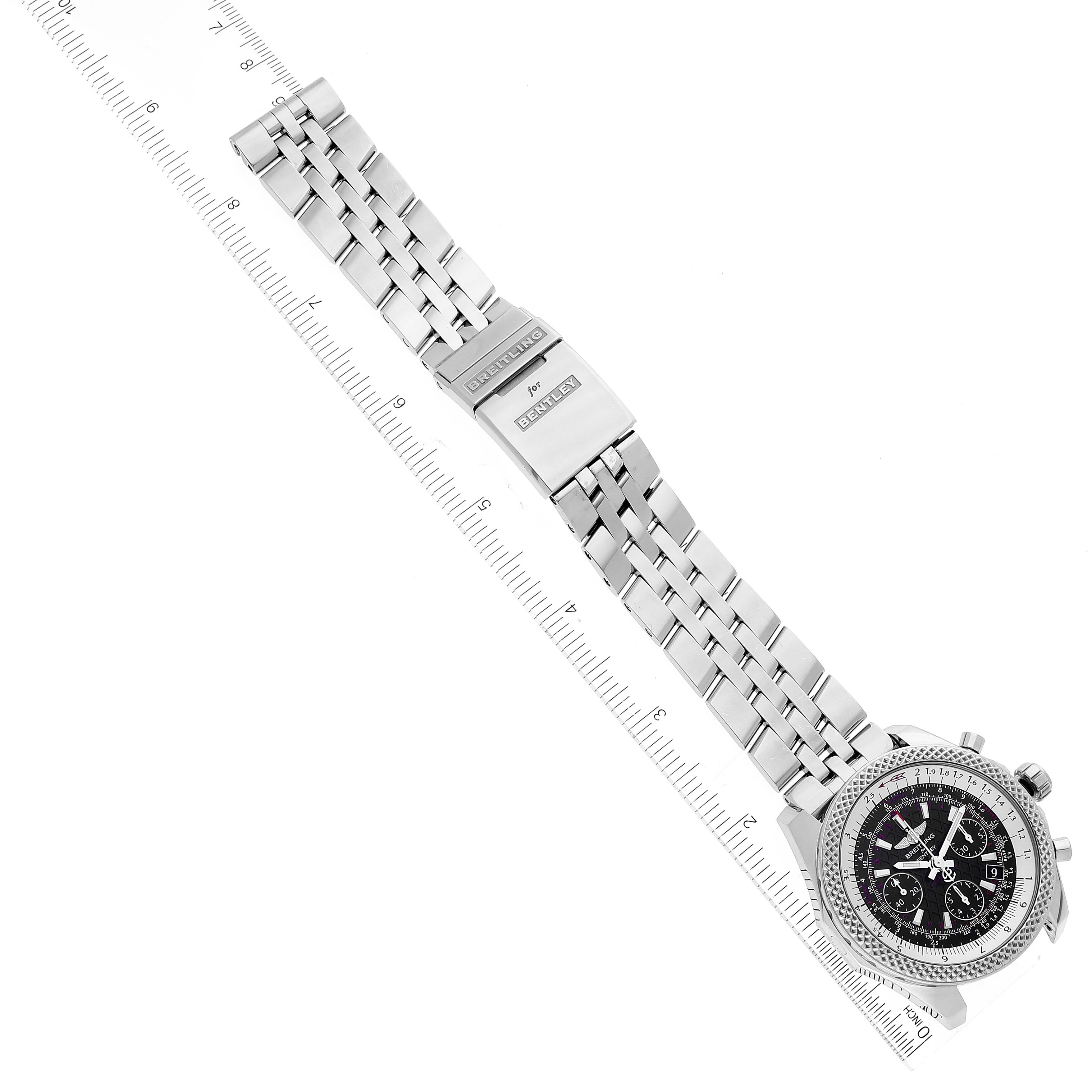 The image shows a top-down view of a Breitling Bentley AB0612 Men's Stainless Steel Black Dial AB0612 Men's Stainless Steel Black Dial model watch, including the entire bracelet and the face.