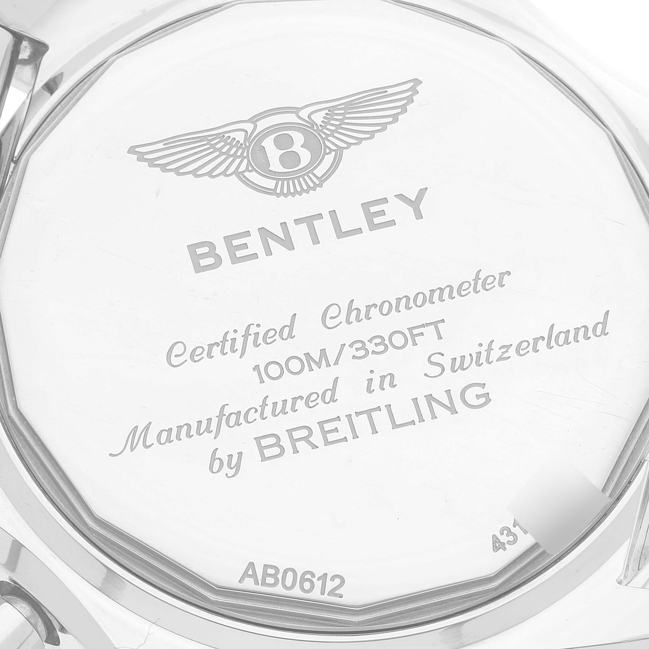 The image shows the case back of the Breitling Bentley AB0612 Men's Stainless Steel Black Dial AB0612 Men's Stainless Steel Black Dial watch.