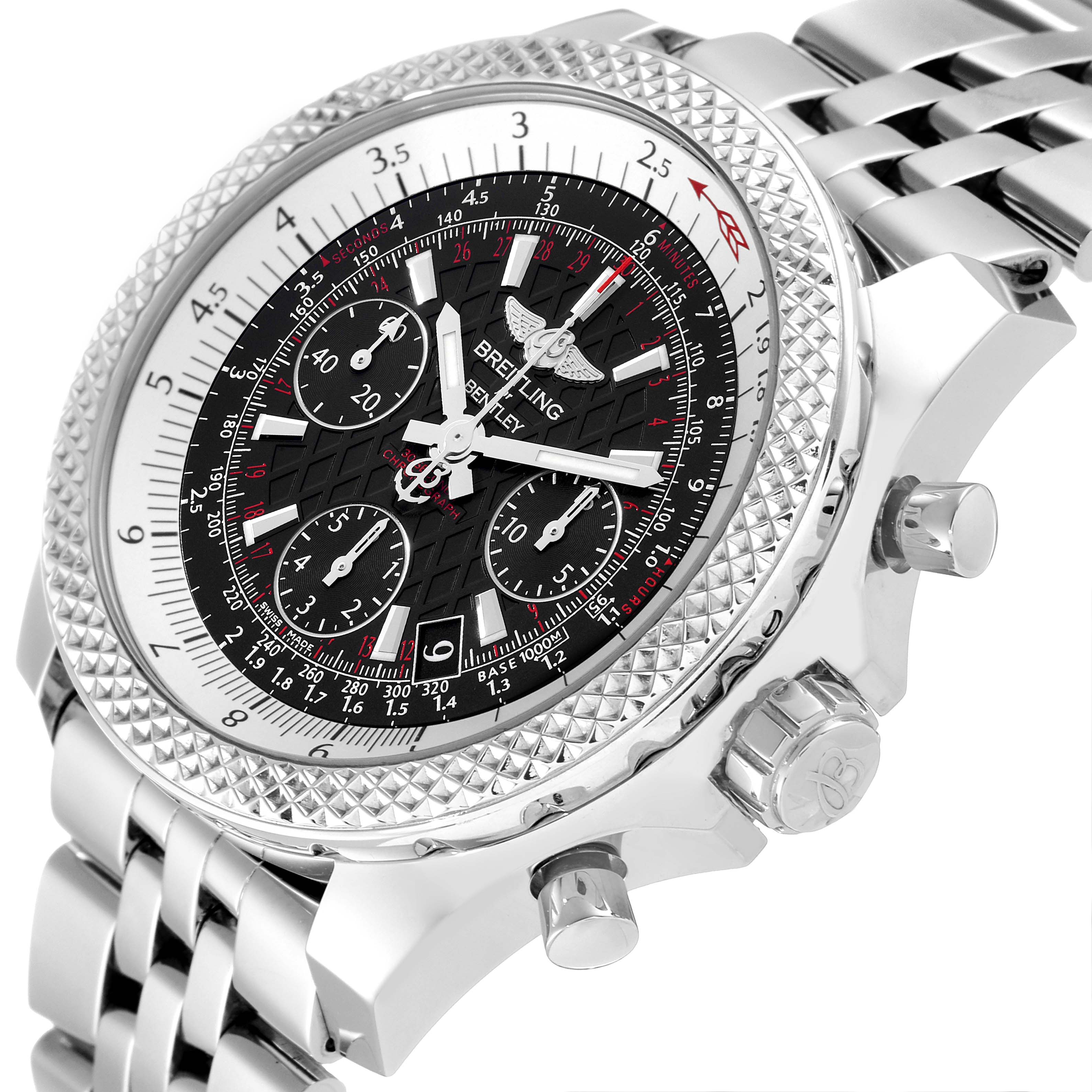 The image shows a side angle of the Bentley model Breitling watch, highlighting its dial, bezel, crown, and chronograph pushers.