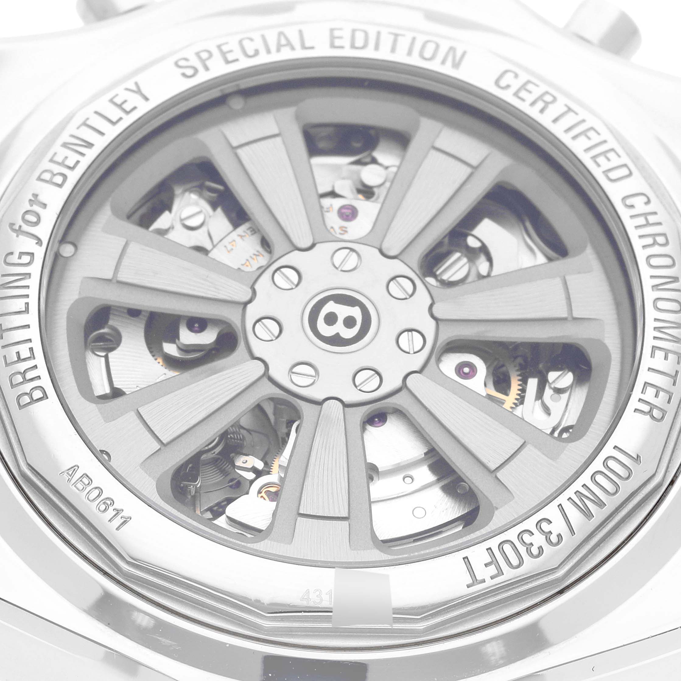 This image shows the back of a Breitling Bentley AB0611 Men's Stainless Steel Silver Dial AB0611 Men's Stainless Steel Silver Dial model watch, highlighting its inner mechanisms and the special edition engraving.