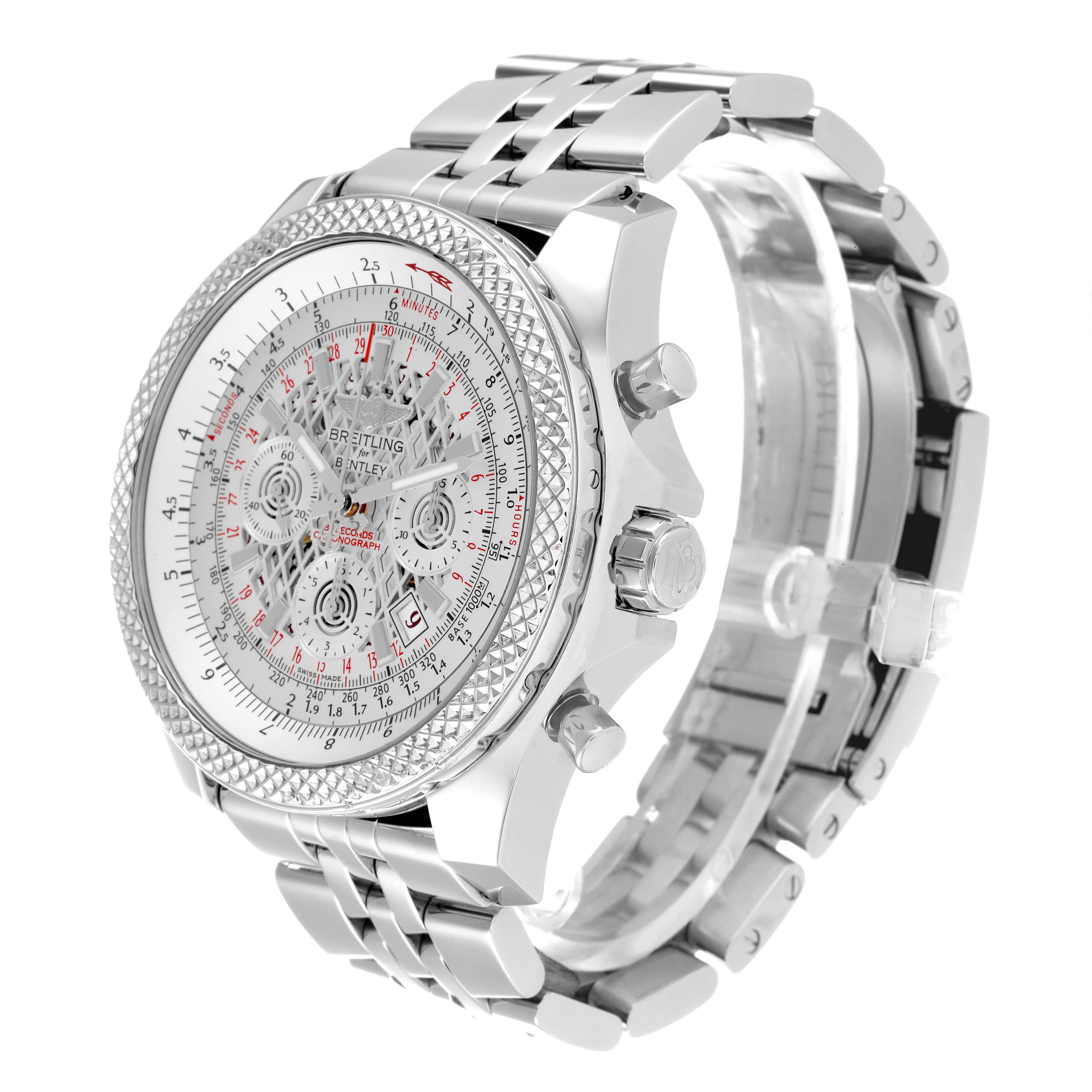 The Breitling Bentley AB0611 Men's Stainless Steel Silver Dial AB0611 Men's Stainless Steel Silver Dial watch is shown at an angle displaying the face, side buttons, and metal bracelet band.