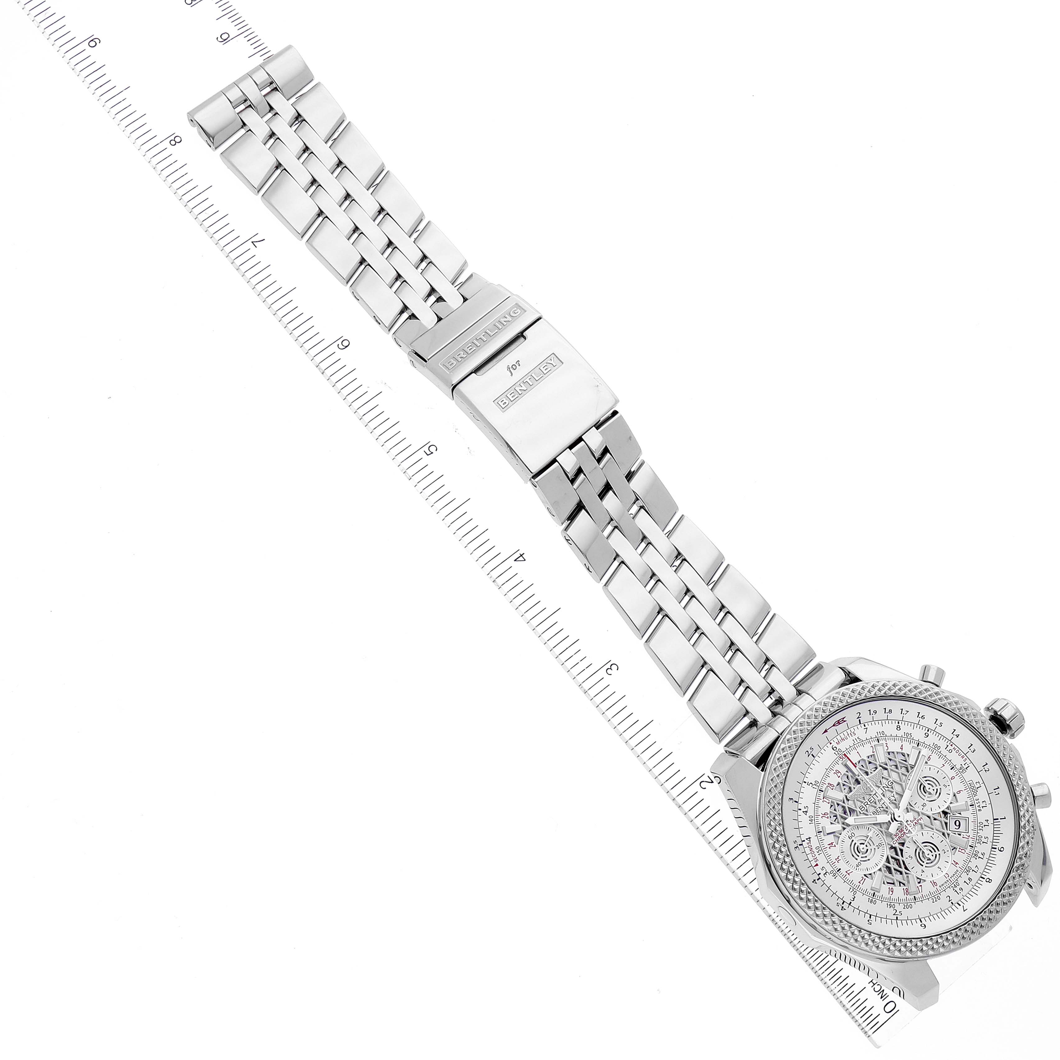 The image shows a Breitling Bentley AB0611 Men's Stainless Steel Silver Dial AB0611 Men's Stainless Steel Silver Dial model watch laid flat from an overhead angle, displaying the face, bezel, and metal bracelet with clasp.