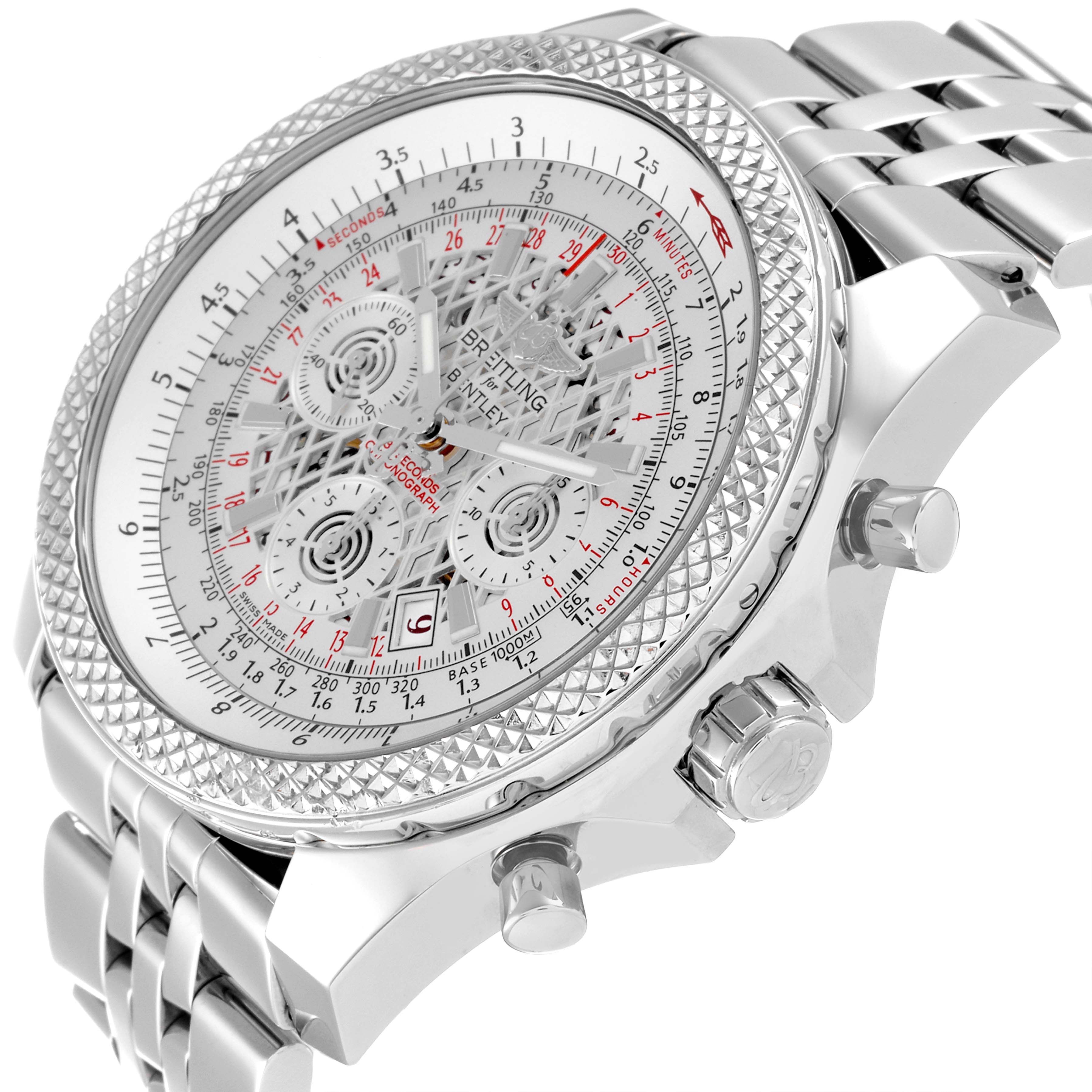 The image shows a close-up, angled view of the face and crown side of a Breitling Bentley AB0611 Men's Stainless Steel Silver Dial AB0611 Men's Stainless Steel Silver Dial watch, featuring a detailed dial and stainless steel bracelet.