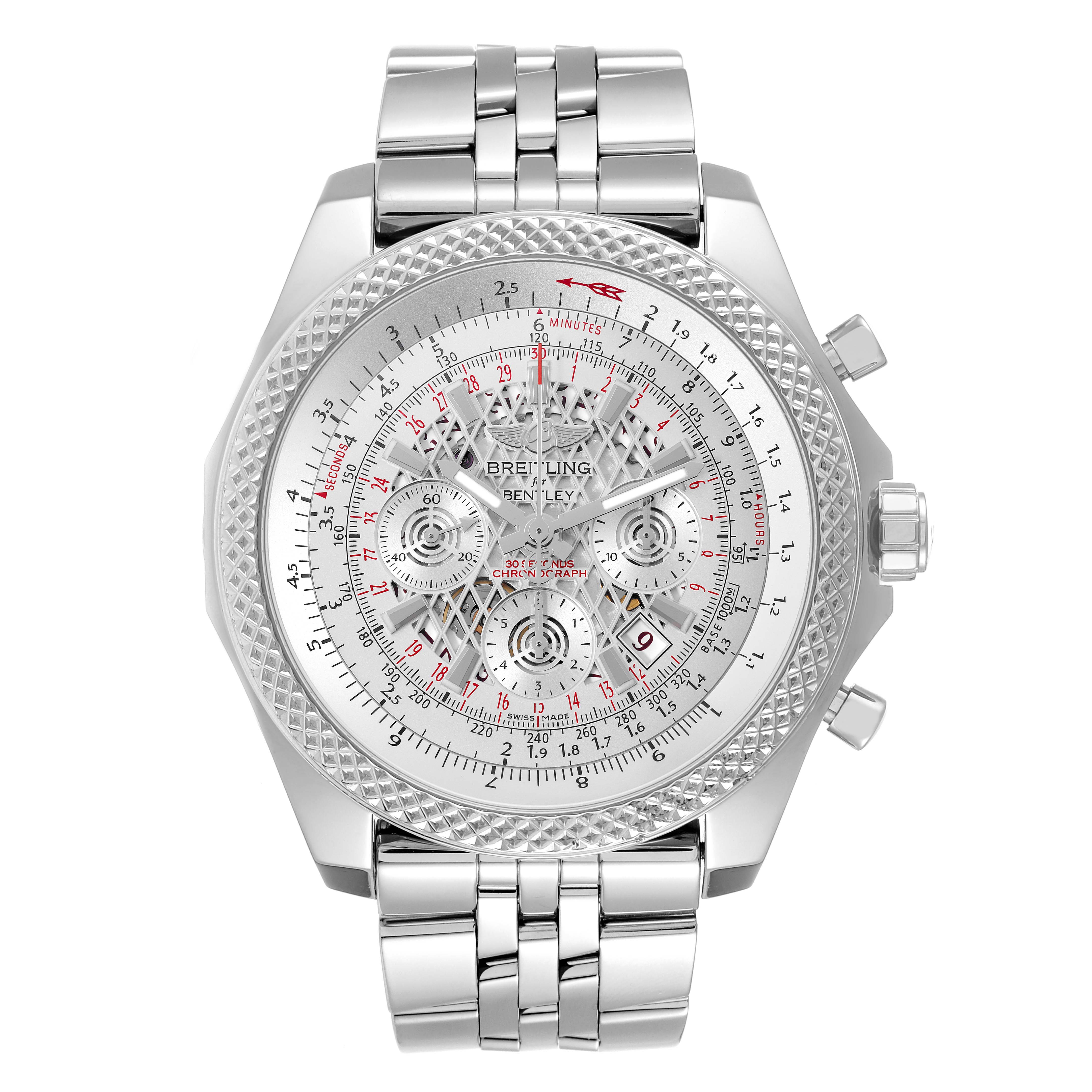 This is a frontal view of a Breitling Bentley AB0611 Men's Stainless Steel Silver Dial AB0611 Men's Stainless Steel Silver Dial watch, showcasing its face, bezel, and metal bracelet.