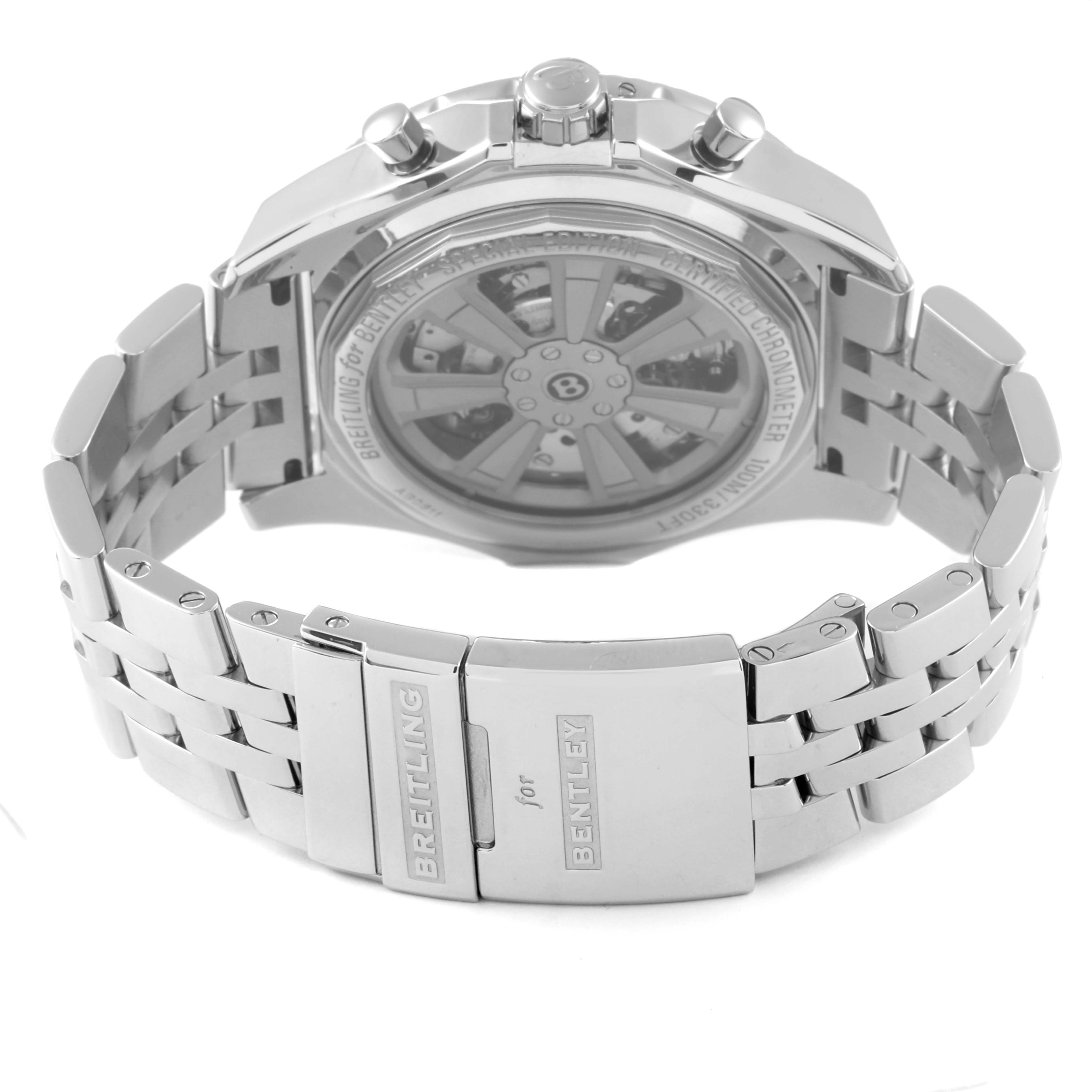The image shows the back angle of a Breitling Bentley AB0611 Men's Stainless Steel Silver Dial AB0611 Men's Stainless Steel Silver Dial watch, highlighting the case back and clasp.