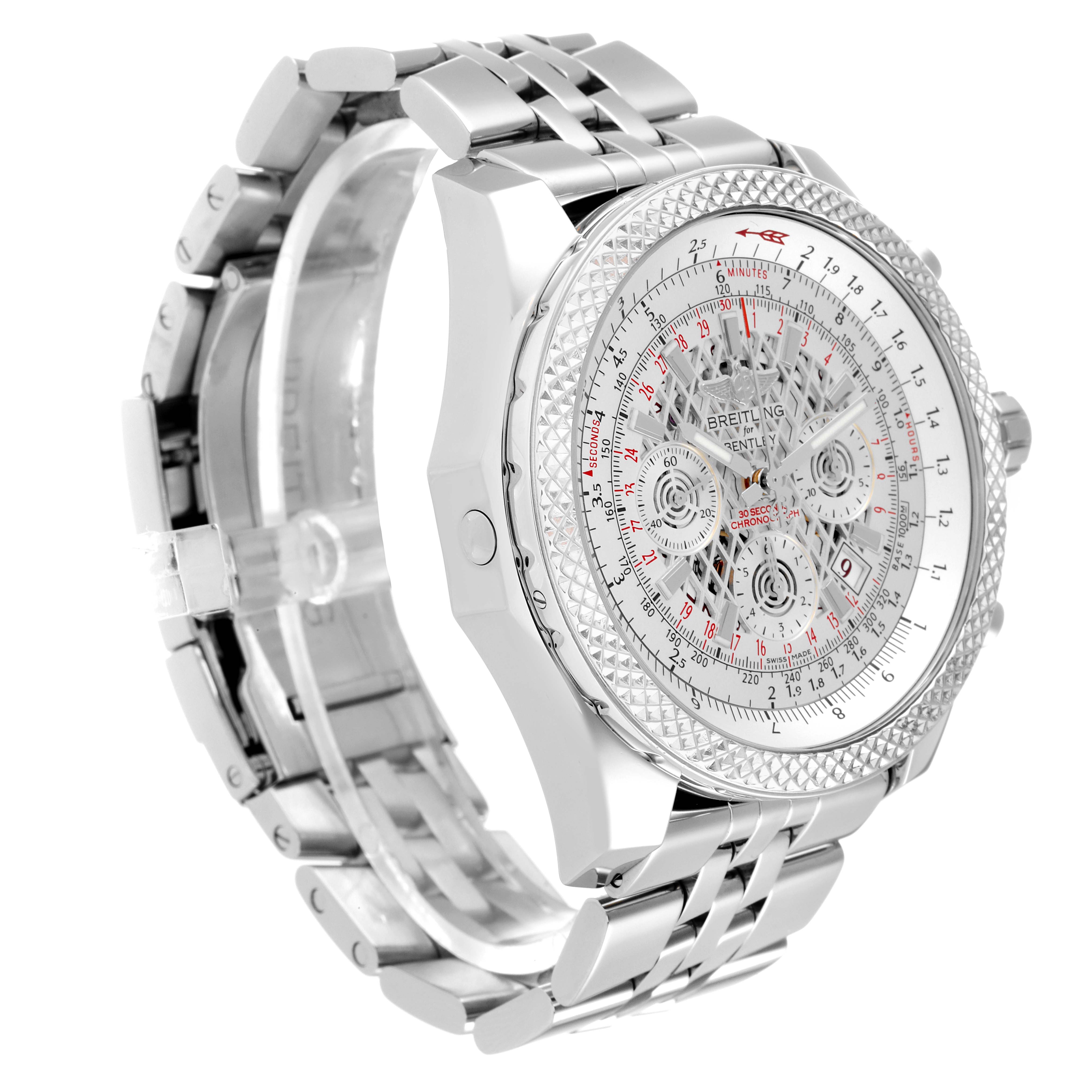 The Breitling Bentley AB0611 Men's Stainless Steel Silver Dial AB0611 Men's Stainless Steel Silver Dial watch is shown at a three-quarter angle displaying the face, bracelet, and clasp.