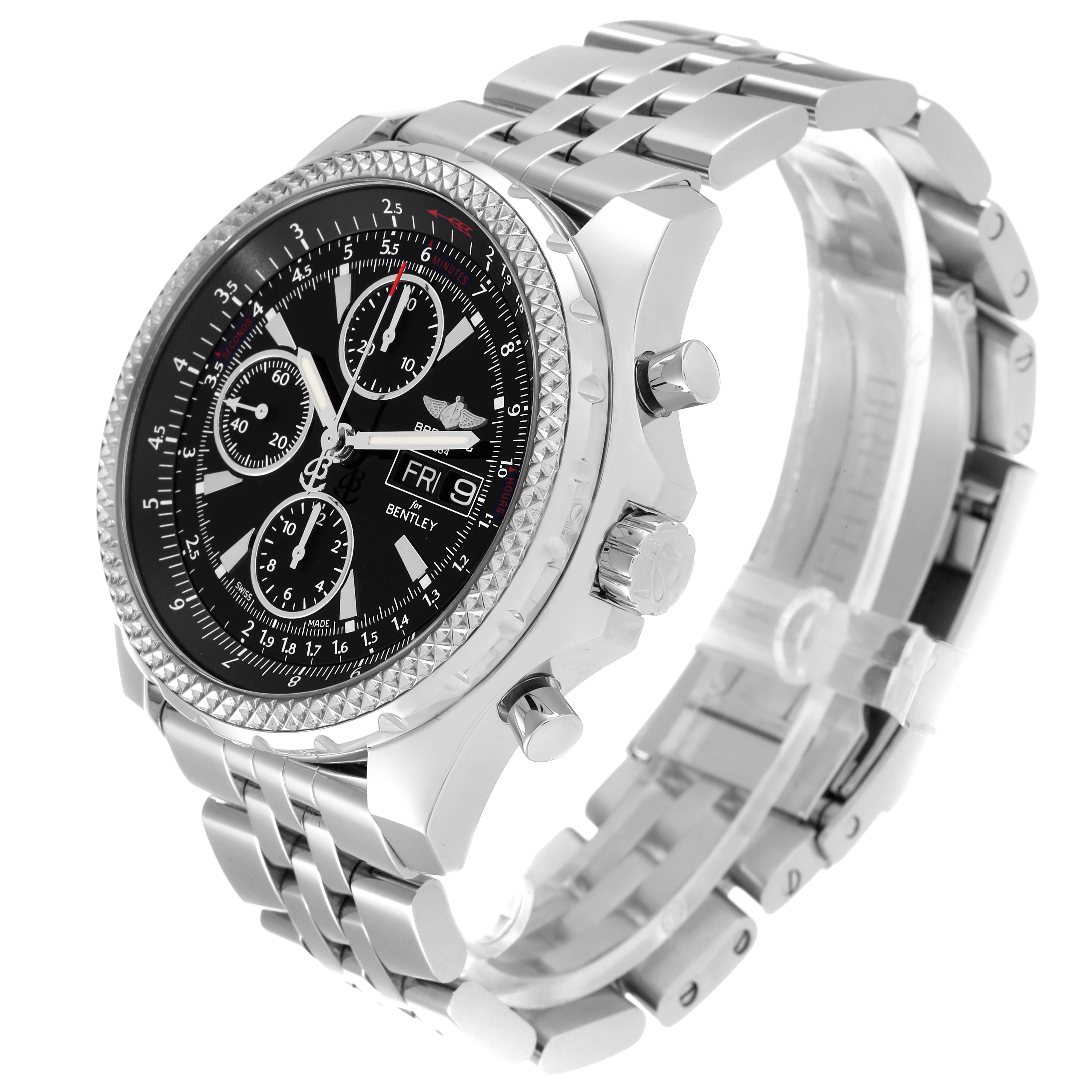 This is a Bentley model by Breitling, showing a three-quarter view of its face, bezel, side buttons, and metallic strap.