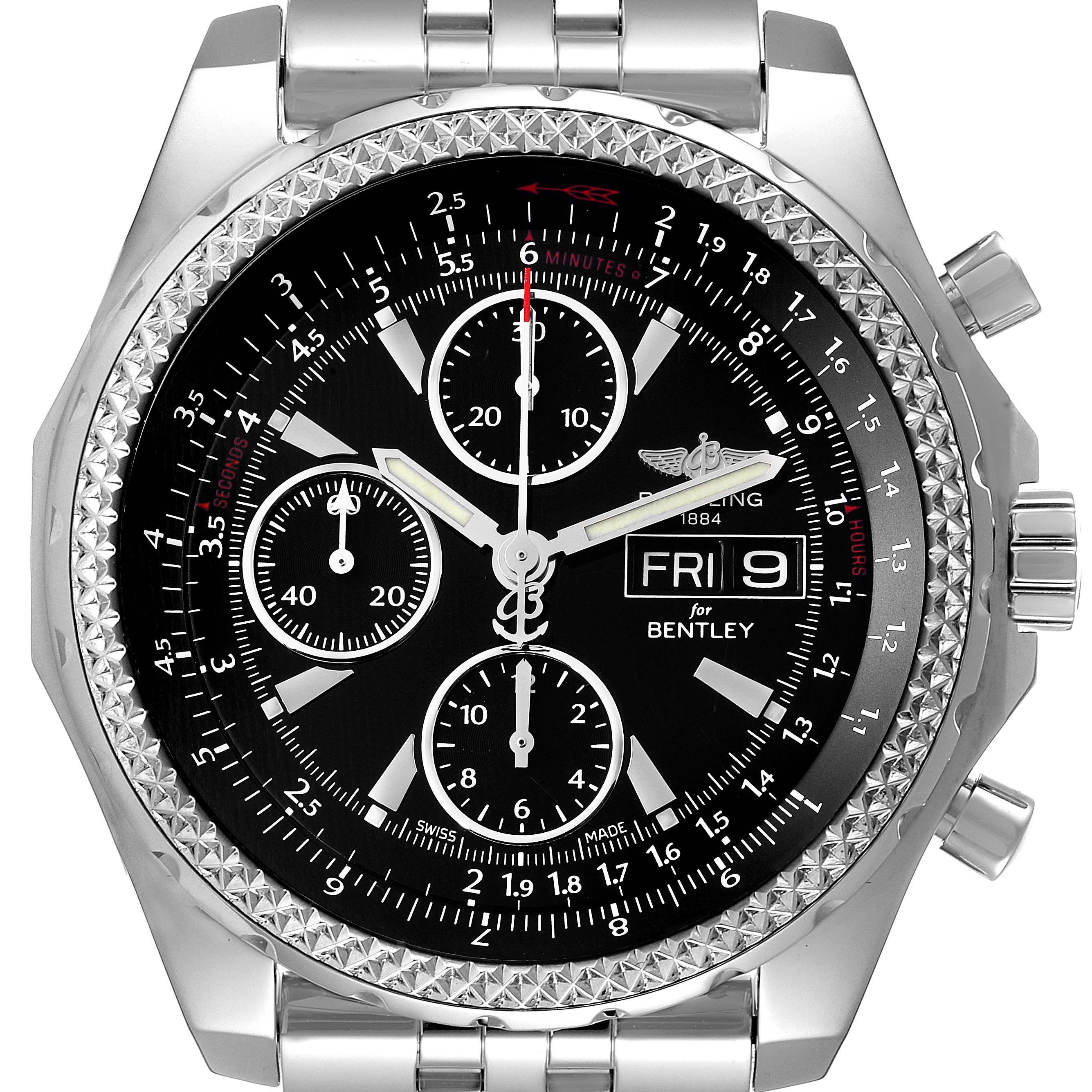 The image shows a front view of a Breitling Bentley A13362 Men's Stainless Steel Black Dial A13362 Men's Stainless Steel Black Dial watch, highlighting the dial, bezel, crown, and part of the bracelet.